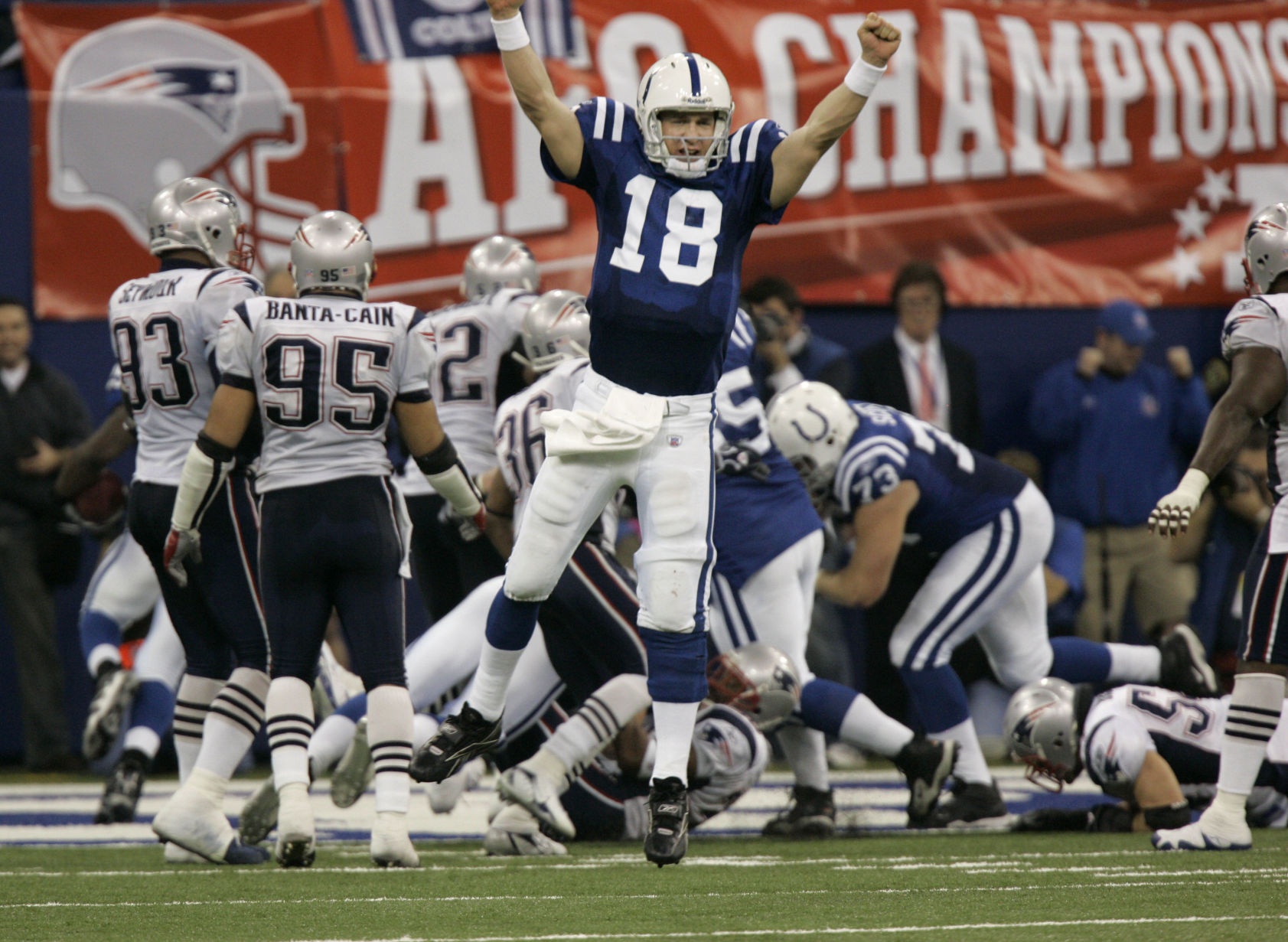Indianapolis Colts quarterback Peyton Manning celebrates the go-ahead touchdown late in the fourth quarter against the New England Patriots AFC Championship football game Sunday, Jan. 21, 2007, in Indianapolis. The Colts won 38-34. (AP Photo/Amy Sancetta) (Amy Sancetta)