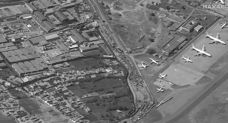 An overview of the Abbey Gate at Hamid Karzai International Airport, in Kabul, Afghanistan August 25, 2021, in this satellite image obtained by Reuters on August 26, 2021. Satellite image 2021 Maxar Technologies/Handout via REUTERS (MAXAR TECHNOLOGIES)
