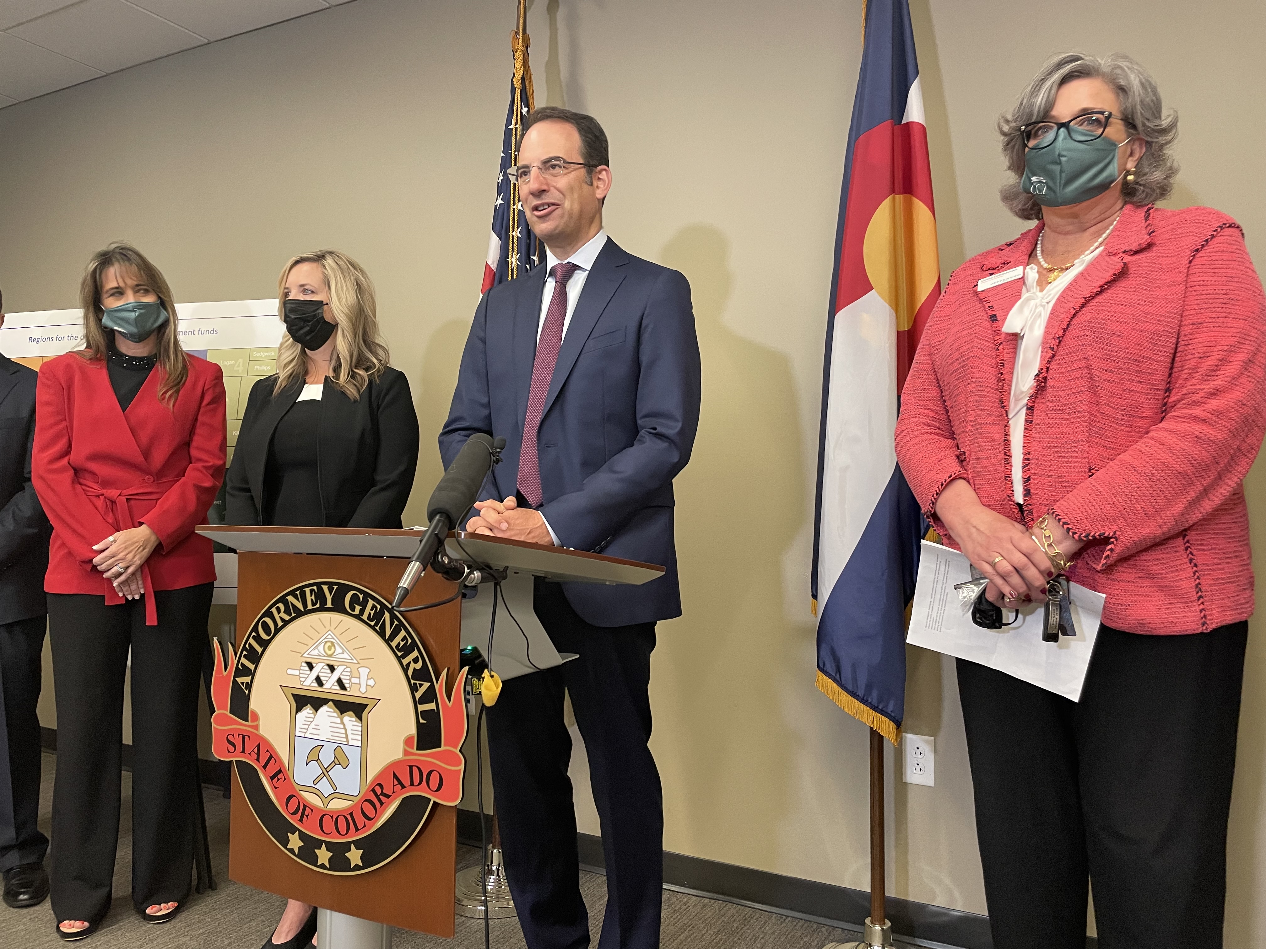 Colorado Attorney General Phil Weiser announces a newly developed strategy for distributing more than $400 million Colorado will receive from opioid litigation settlement funds to regions and local governments. The money comes from several settlements against drug makers, distributors and consultants. (Julia Cardi/The Denver Gazette)