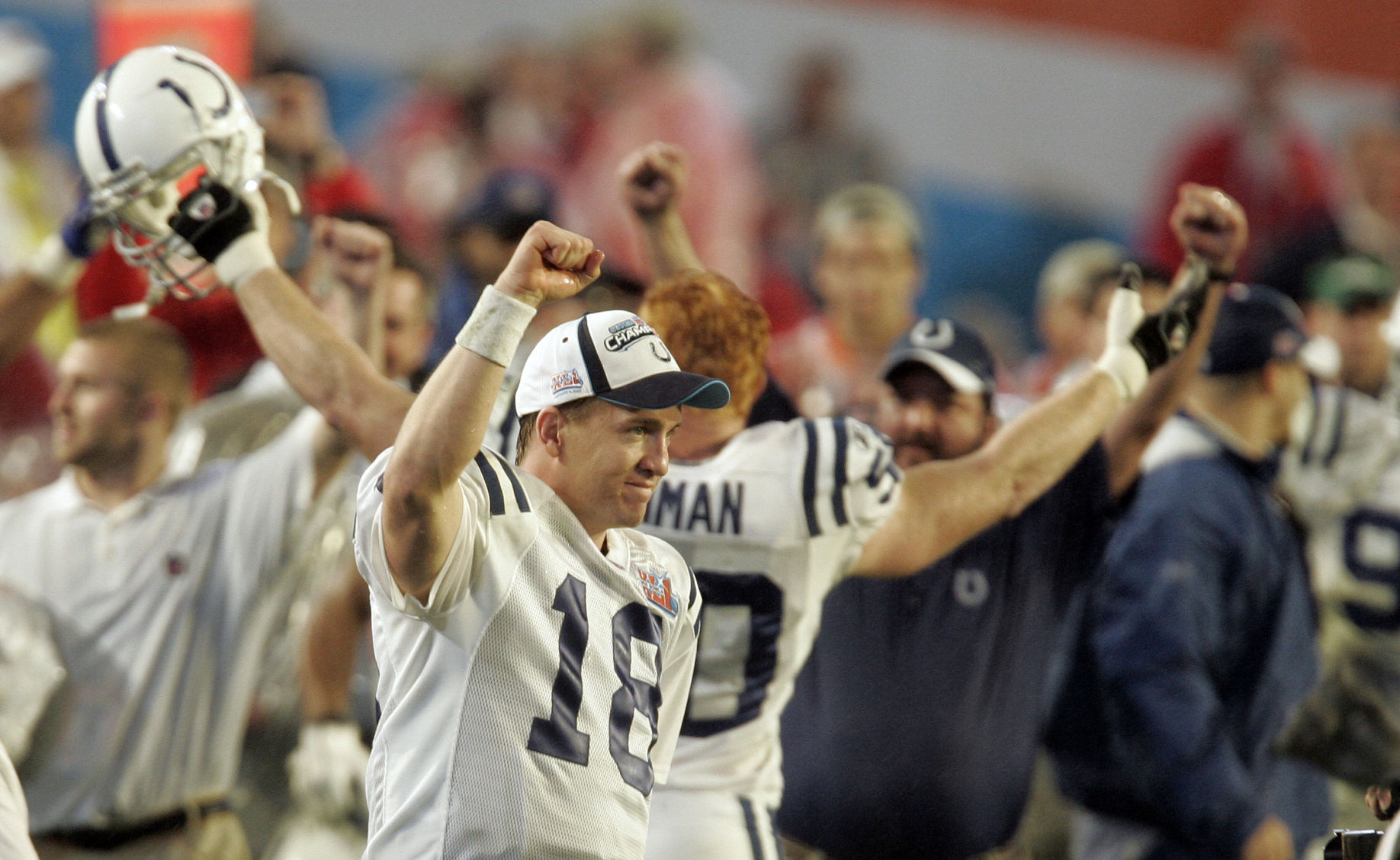 Indianapolis Colts quarterback Peyton Manning (18) celebrates after the Colts defeated the Chicago Bears 29-17 in the Super Bowl XLI football game at Dolphin Stadium in Miami on Sunday, Feb. 4, 2007. (AP Photo/Mark Duncan) (Mark Duncan)