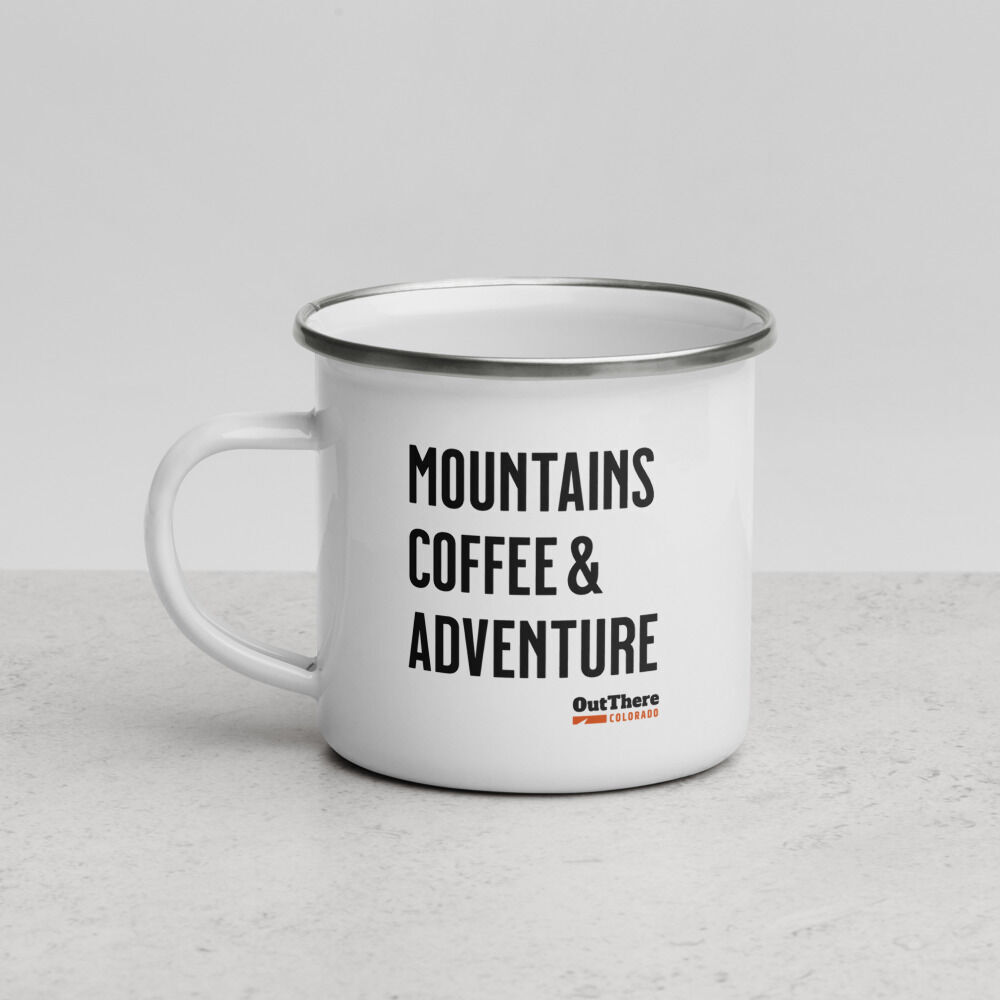‘Mountains, Coffee & Adventure’ Compact Camper Mug. Photo courtesy of the OutThere Colorado Store via Printful.