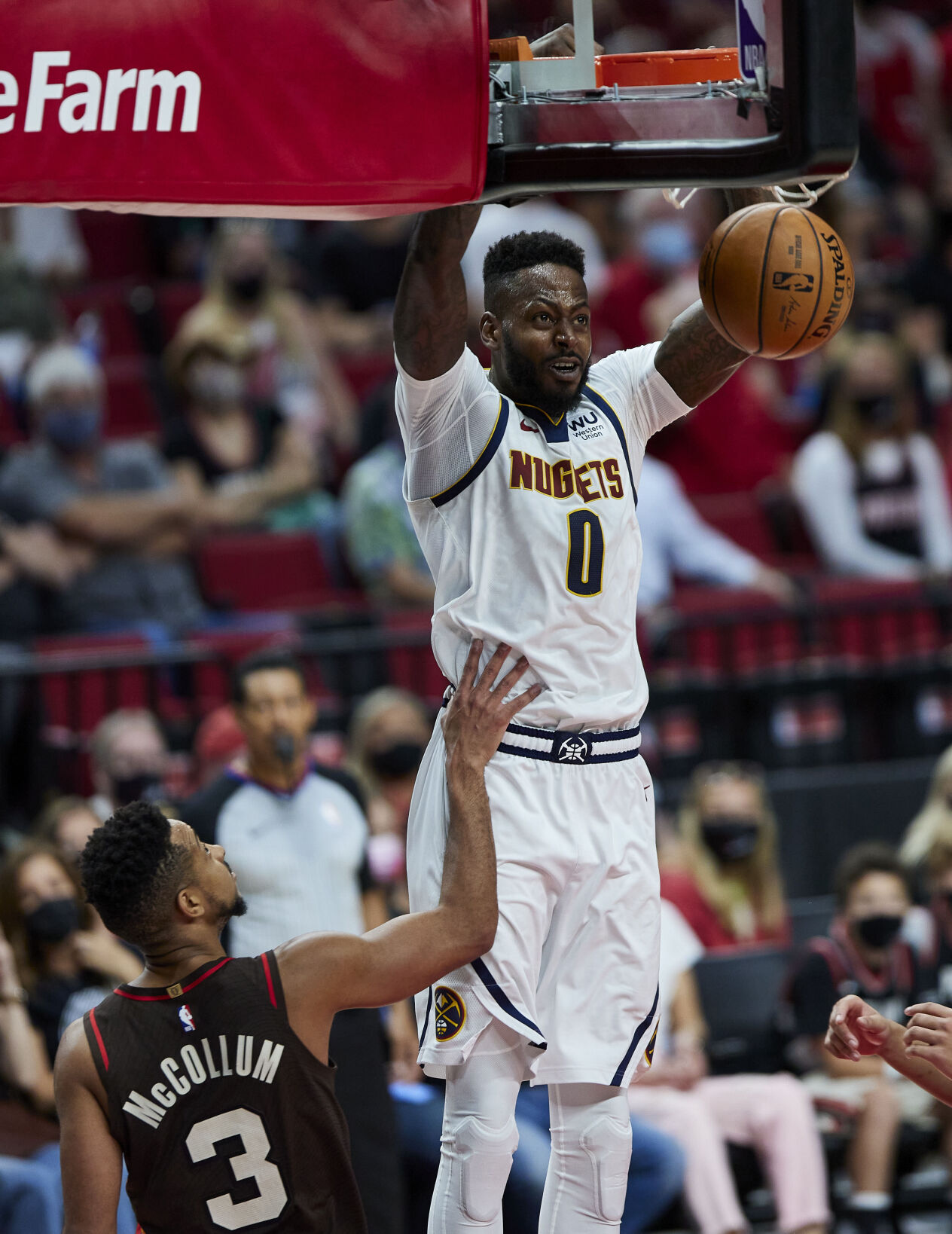 Denver Nuggets forward JaMychal Green dunks against the Portland Trail Blazers during the first half of Game 6 of an NBA first-round playoff series June 3, 2021, in Portland, Ore. (AP Photo/Craig Mitchelldyer) (Craig Mitchelldyer)