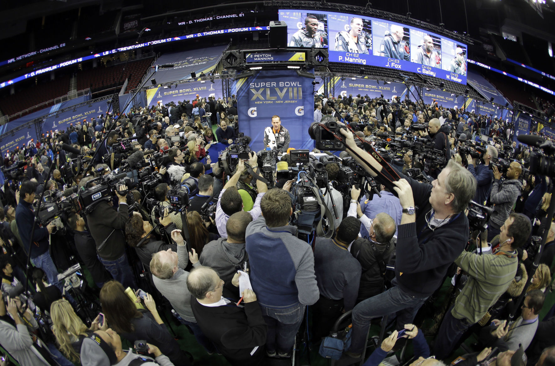Denver Broncos' Peyton Manning answers questions during media day for the NFL Super Bowl XLVIII football game Tuesday, Jan. 28, 2014, in Newark, N.J. (AP Photo/Jeff Roberson) (Jeff Roberson)