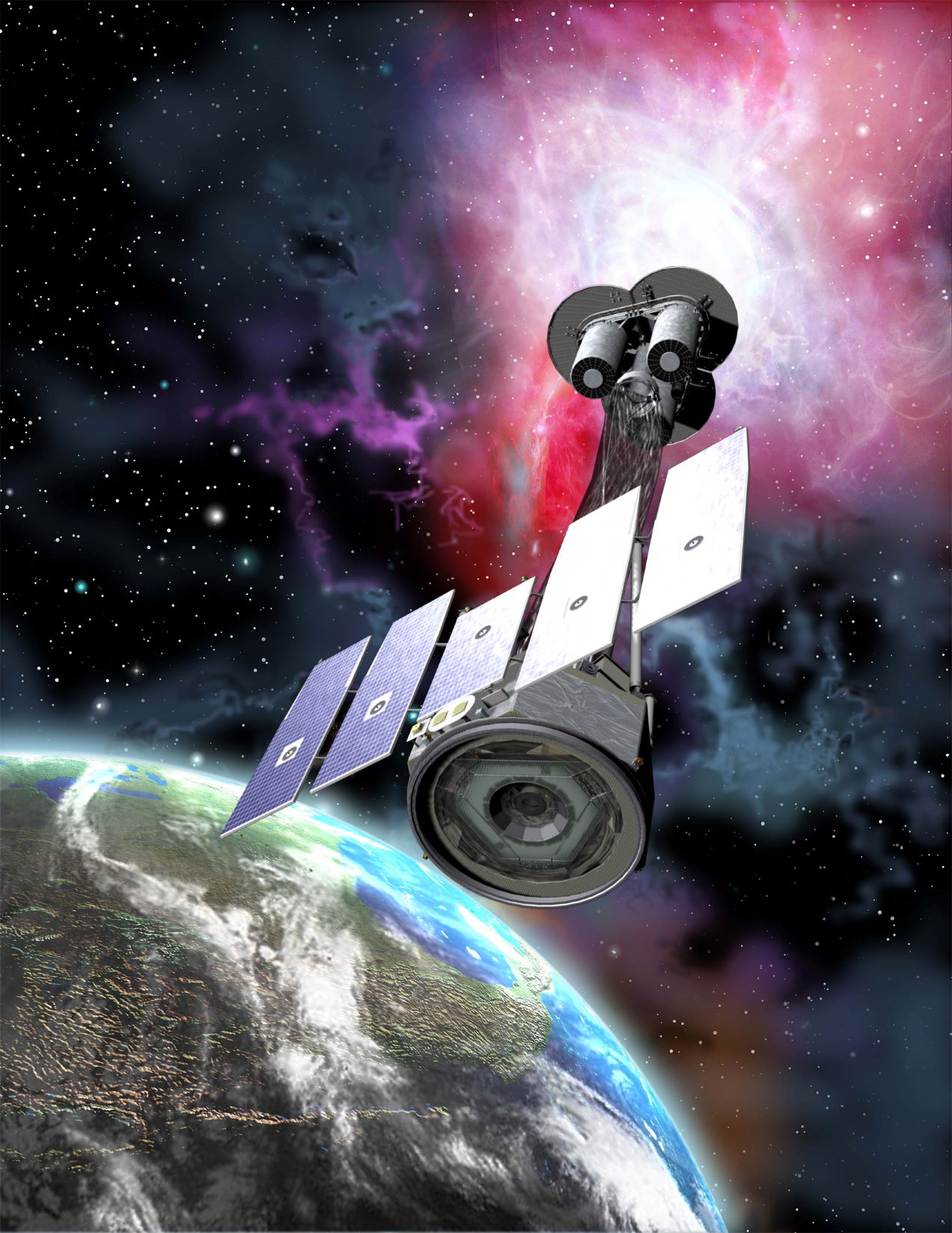 Rendering of the X-Ray Polarimetry Explorer (IXPE), built Ball Aerospace for NASA. It's scheduled for launch in September. (Courtesy of Ball Aerospace)