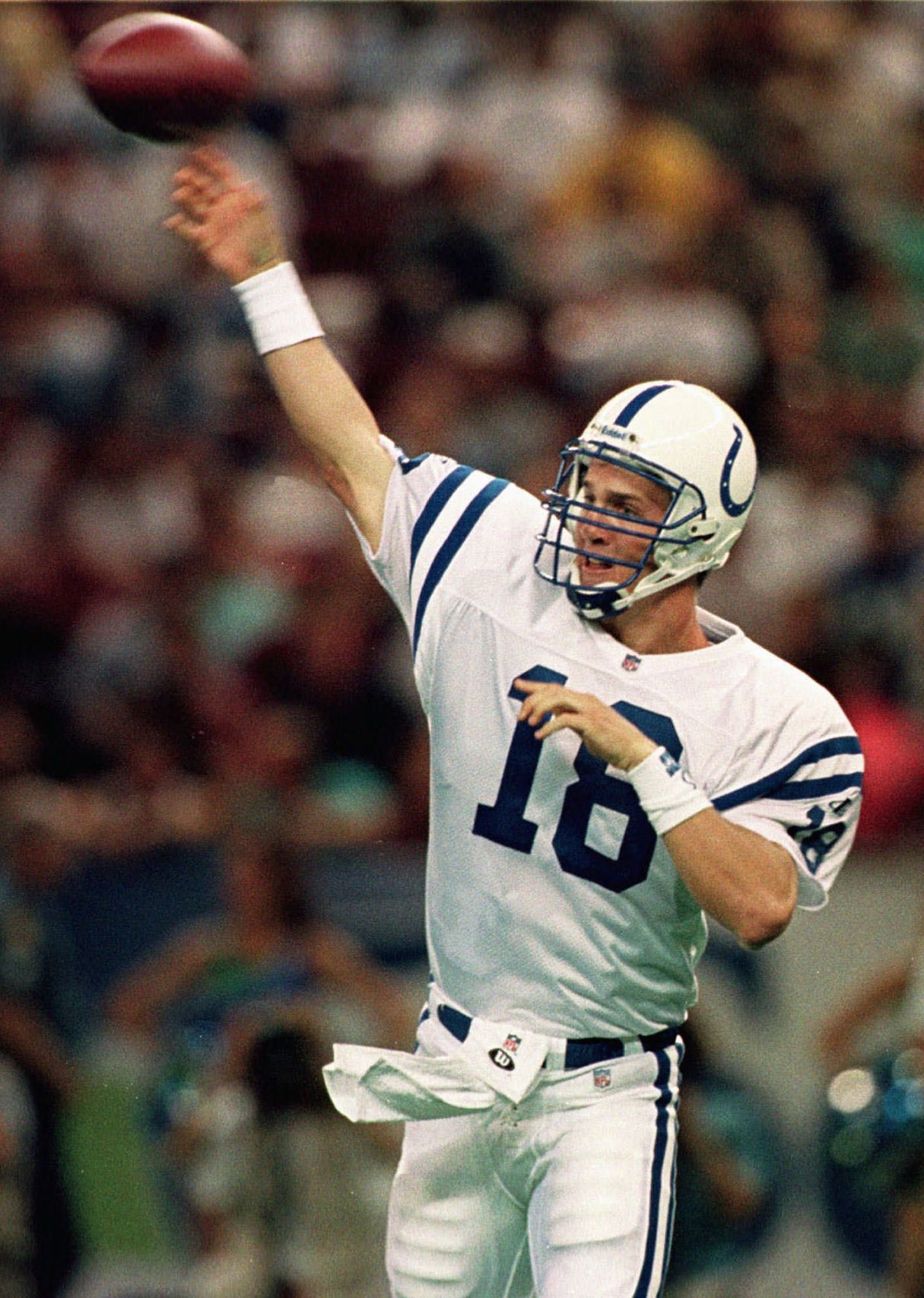 Indianapolis Colts quarterback Peyton Manning throws a pass against the Seattle Seahawks in the first quarter Saturday, Aug. 8, 1998, in Seattle. The Seahawks won, 24-21. Manning completed 8 of 15 passes for 113 yards. (AP Photo/Elaine Thompson) (ELAINE THOMPSON)
