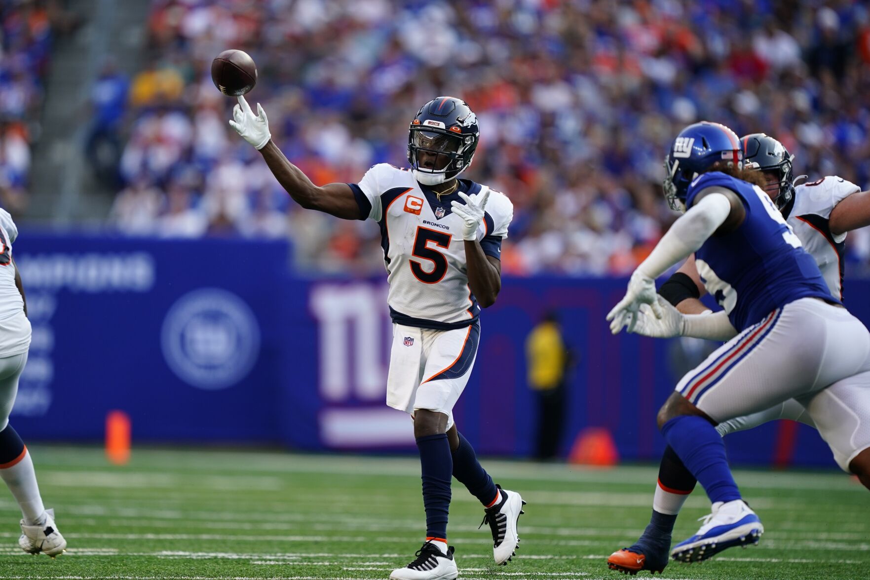 Denver Broncos quarterback Teddy Bridgewater (5) throws a pass during the first half of an NFL game against the New York Giants Sunday, Sept. 12, 2021, in East Rutherford, N.J. (AP Photo/Matt Rourke) (Matt Rourke)