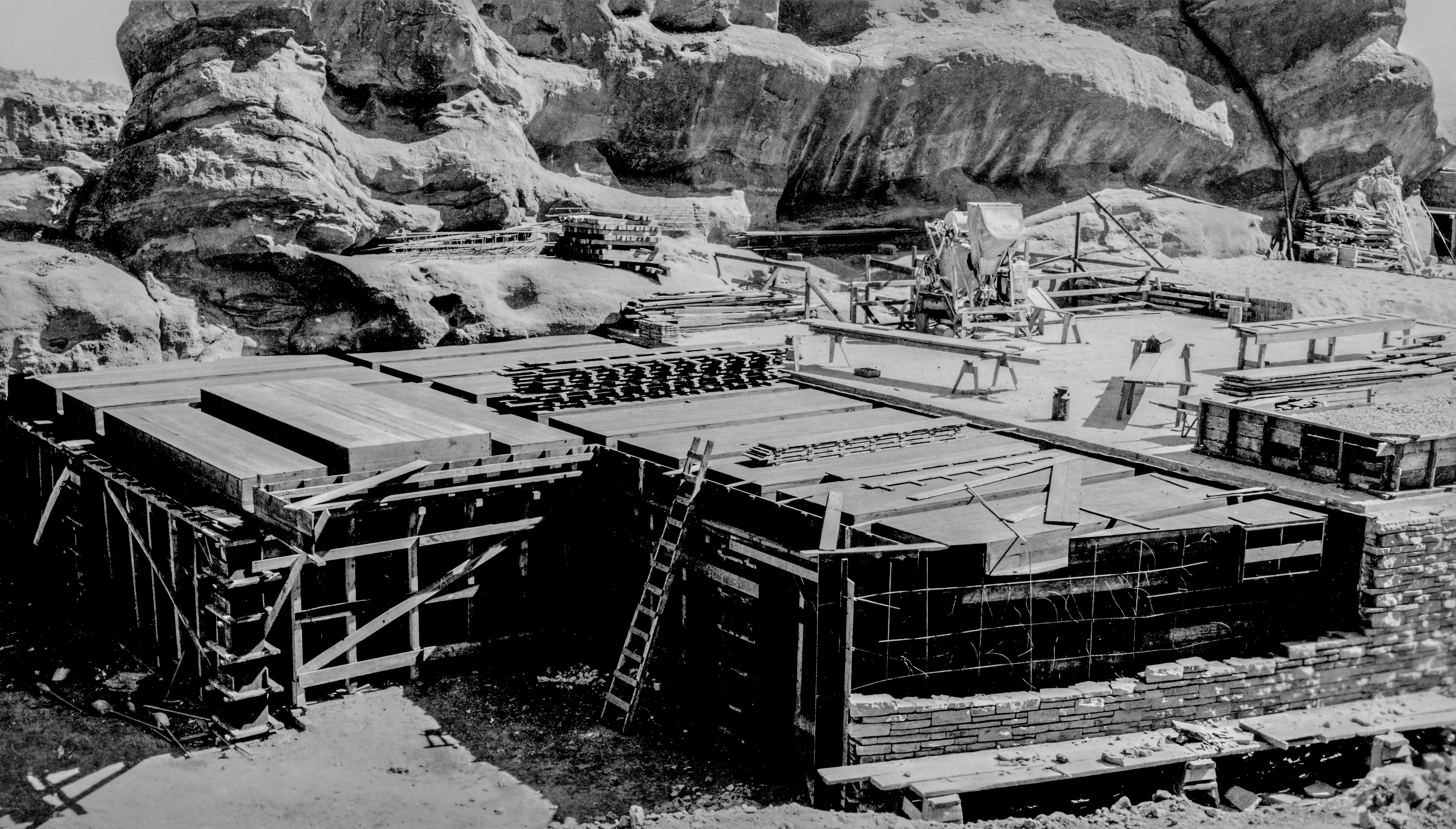 Red Rocks Amphitheater stage area under construction by the Civilian Conservation Corps circa 1940