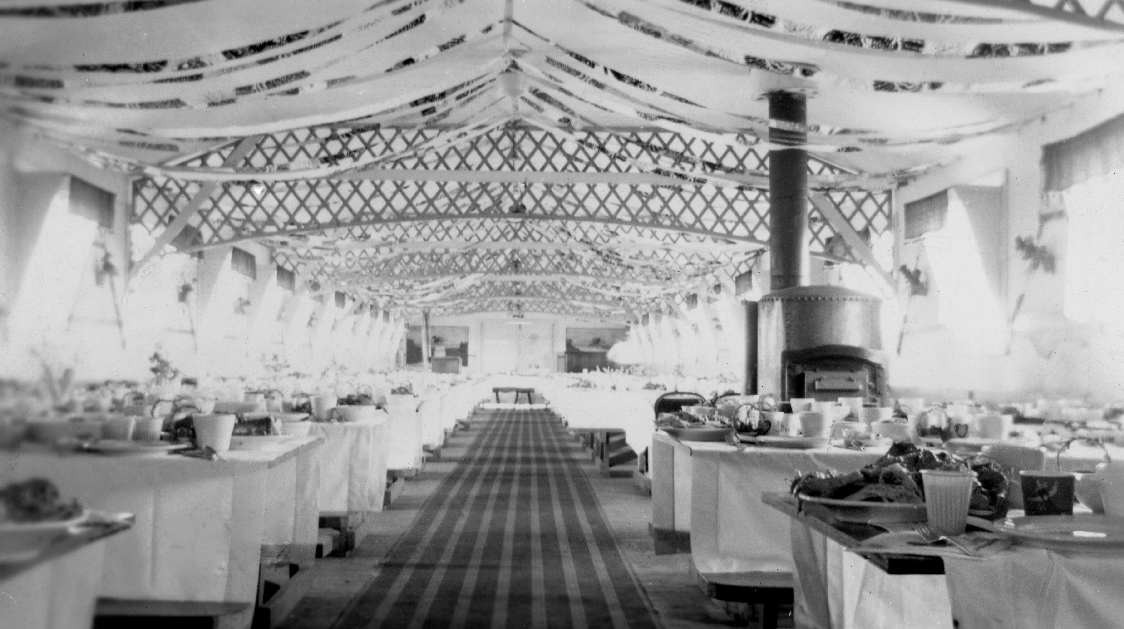 Civilian Conservation Corp dining hall at Katherine Craig Park decked out for Thanksgiving dinner circa 1934 (Courtesy of the Colorado State Archives)