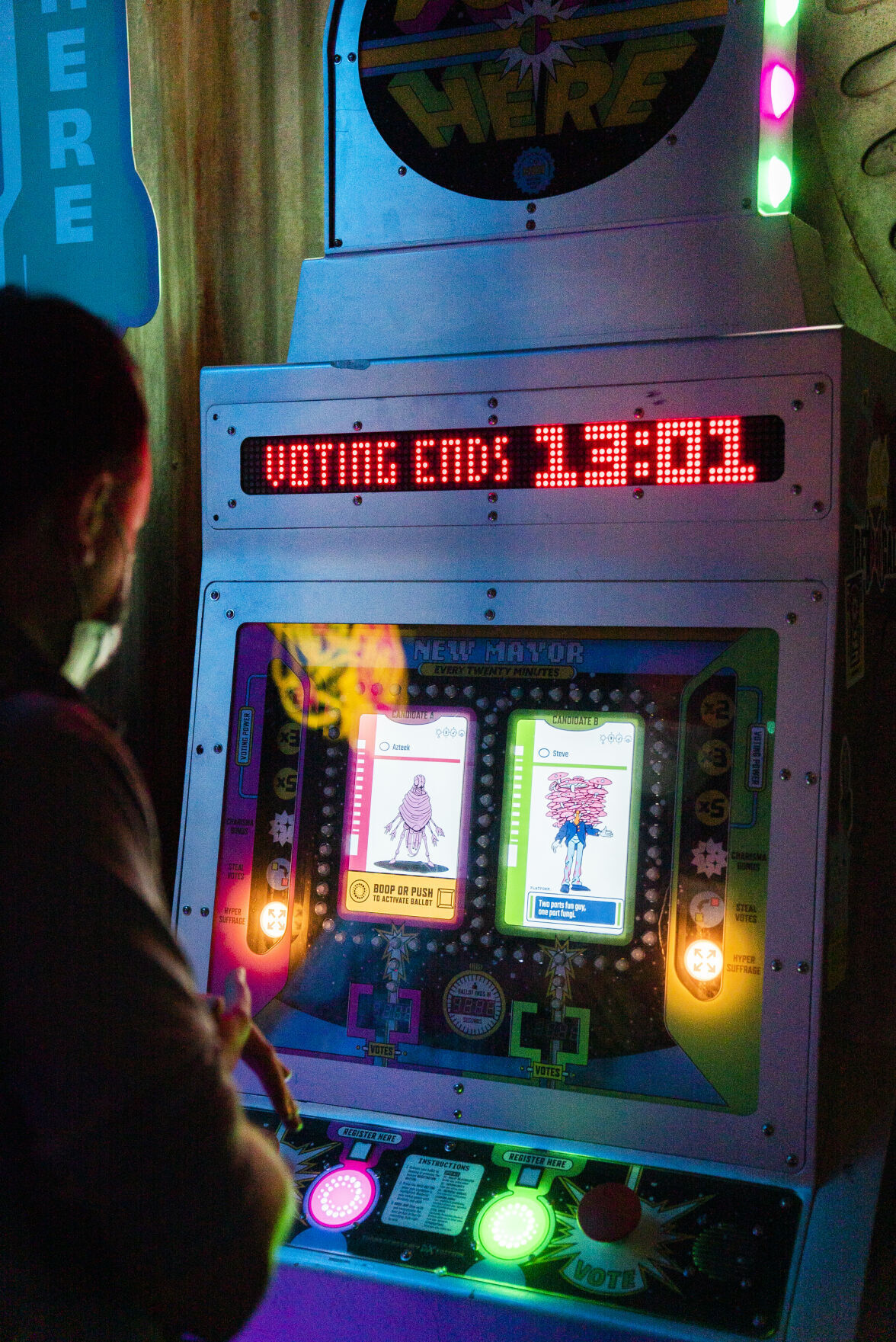 Guests cast their vote for the mayor of C Street during a media tour of Meow Wolf Convergence Station on Tuesday, September 14, 2021 in Downtown Denver. Convergence Station opens to the public on September 17. (Photo by Katie Klann/Denver Gazette) (Katie Klann The Gazette)
