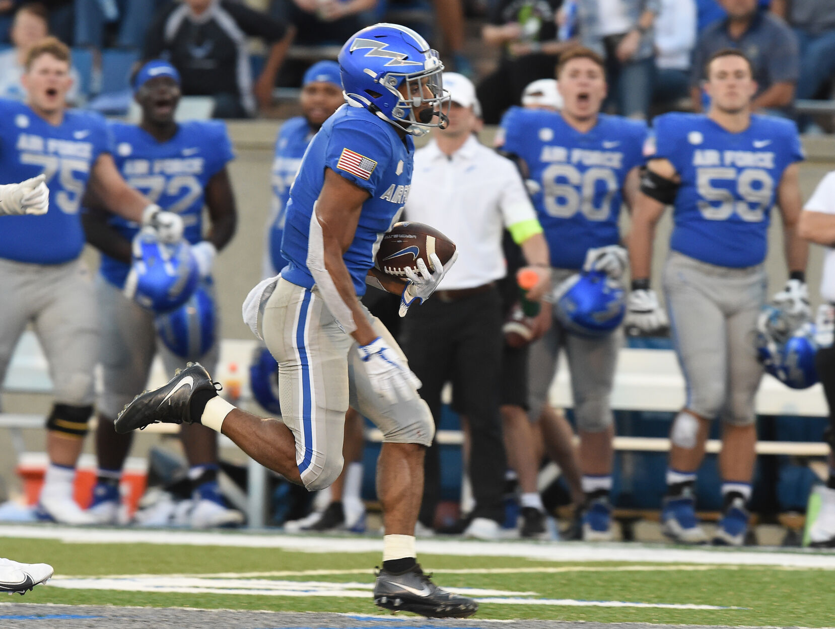 Air Force wide receiver Micah Davis runs for the end zone on his way to scoring a touchdown in the second quarter of a game at Falcon Stadium in Colorado Springs, Colorado on Saturday, Sept. 18, 2021. (Photo by Jerilee Bennett, The Gazette) (JERILEE BENNETT, THE GAZETTE)