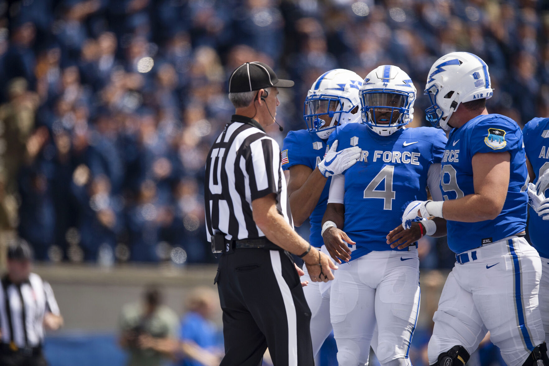 Air Force quarterback Haaziq Daniels (4) reacts before the start of the Air Force Falcons home football game against the Lafayette Leopards at Falcon Stadium at the United States Air Force Academy in Colorado Springs, Colo. on Sept. 4, 2021. The Air Force Falcons won the game against the Lafayette Leopards by a score of 35-14. (Chancey Bush/ The Gazette) (Chancey Bush/ The Gazette)