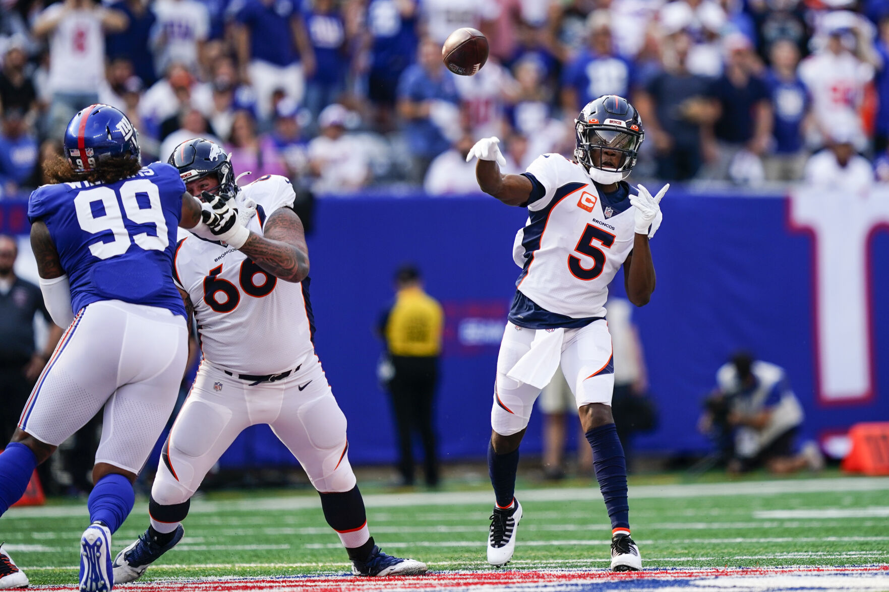 Denver Broncos' Dalton Risner (66) blocks New York Giants' Leonard Williams (99) as quarterback Teddy Bridgewater (5) throws a pass during the first half of an NFL game Sunday, Sept. 12, 2021, in East Rutherford, N.J. (AP Photo/Matt Rourke) (GeorgeStoiaBroncos beat writergeorge.stoia@gazette.comhttps://secure.gravatar.com/avatar/5b8854c53e77d2068c18c16523197323?d=mm&r=g)