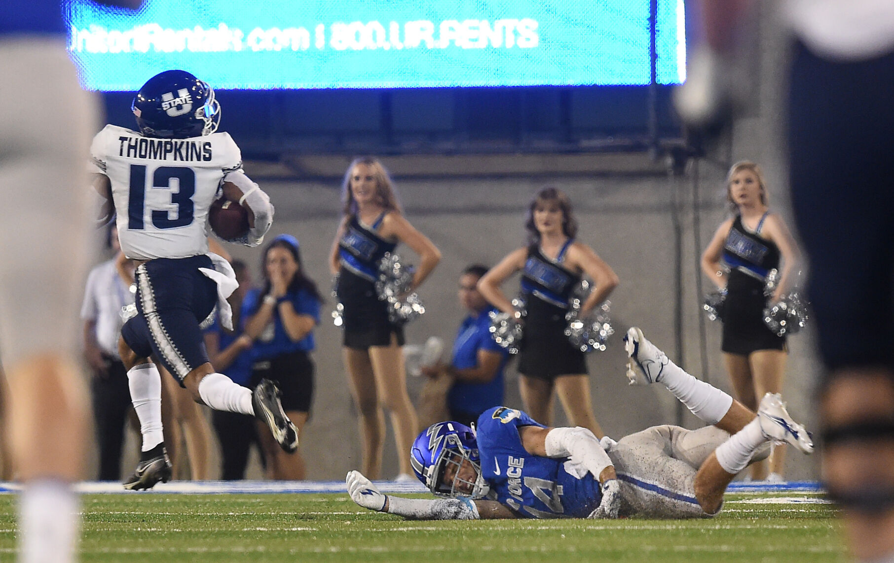 Air Force safety Ethan Erickson gets left behind while Utah State wide receiver Deven Thompkins runs for a touchdown in the fourth quarter of a game at Falcon Stadium in Colorado Springs, Colorado on Saturday, Sept. 18, 2021 He threw an interception in the end zone on the next play. Air Force lost the heartbreaker 49-45. (Photo by Jerilee Bennett, The Gazette) (JERILEE BENNETT, THE GAZETTE)