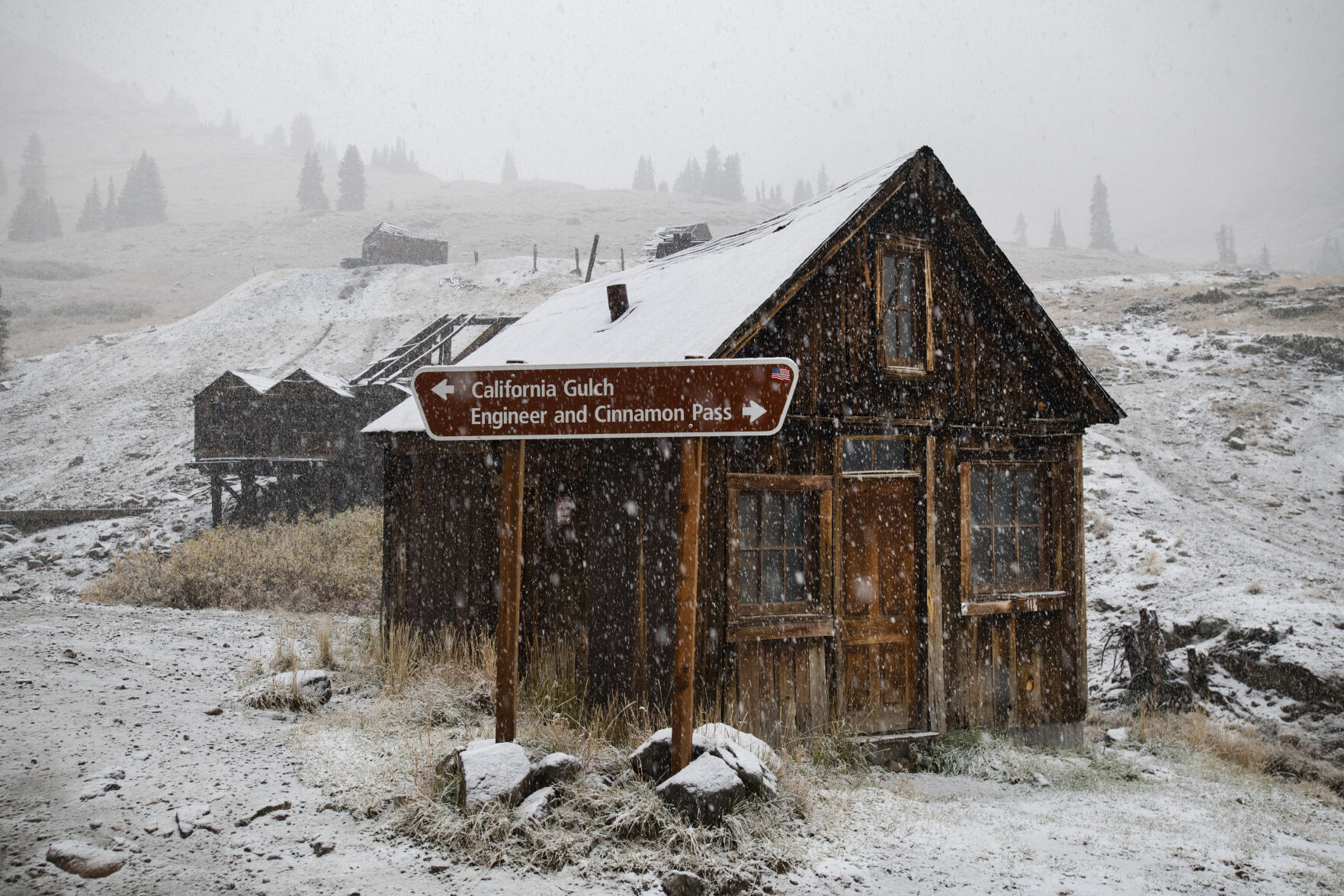 Snow falls on the ghost town of Animas Forks at 11,00-feet in the San Juan Mountains Wednesday, Sept. 29, 2021. The town was founded in the 1870s. (The Gazette, Christian Murdock) (Christian Murdock/The Gazette)