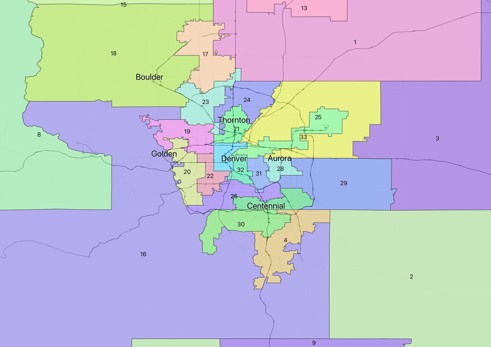 The new draft proposal for the Senate district map for the Denver area. (Evan Wyloge, The Denver Gazette)