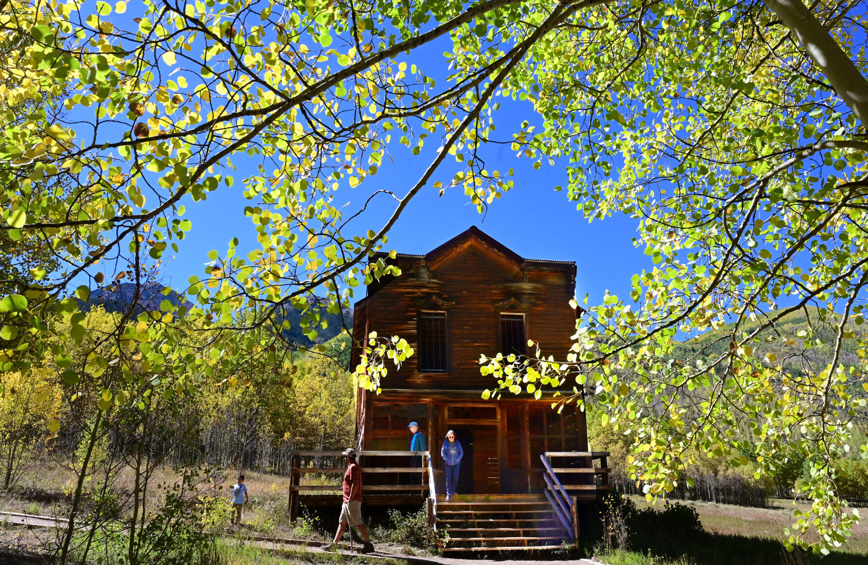 Tom Moura and his son, Gustavo, and Tom’s parents Claudia and Eric Villela were visiting the Bird House Hotel in the ghost town of Ashcroft on Wednesday, Sept. 22, 2021. In 1883, Ashcroft, Colorado was a town with a population of perhaps 2,000 with two newspapers, a school, sawmills, a small smelter, and 20 saloons—bigger than Aspen at the time. Ashcroft is 11 miles south of Aspen on Castle Creek Rd. (Photo by Jerilee Bennett, The Gazette) (Jerilee Bennett)