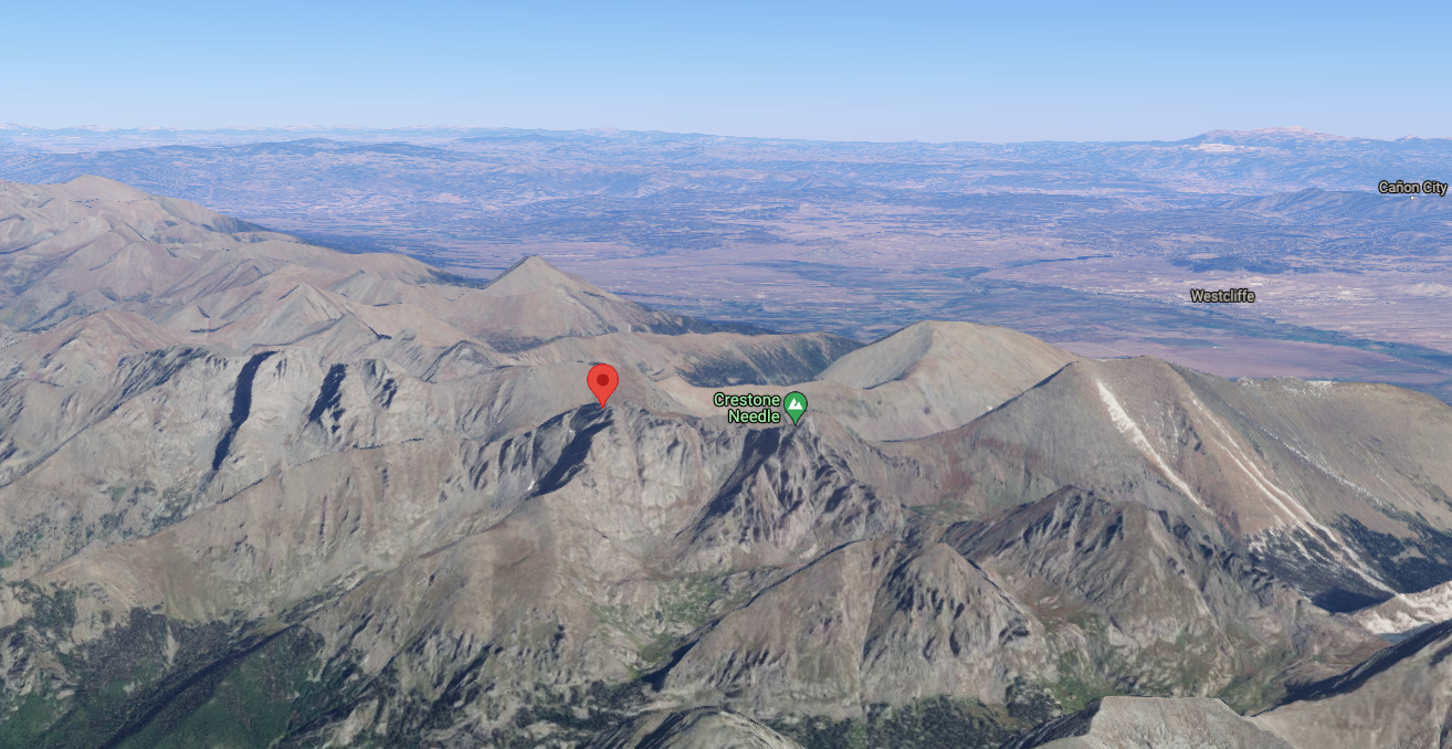 This image shows Crestone Peak at 14,294' (red icon) and Crestone Needle at 14,197'. Image Credit: @2021 Google Maps.