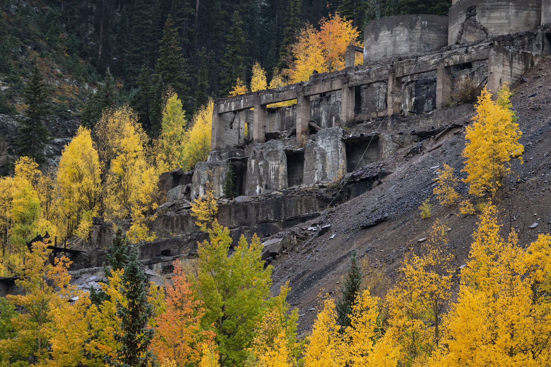 The turning aspens frame an old ore mill in the ghost town Eureka outside Silverton, Colo., Wednesday, Sept. 29, 2021. (The Gazette, Christian Murdock) (Christian Murdock/The Gazette)