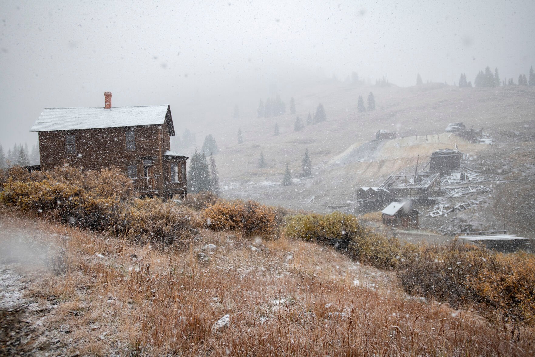 Snow falls on the ghost town of Animas Forks at 11,00-feet in the San Juan Mountains Wednesday, Sept. 29, 2021. The town was founded in the 1870s. (The Gazette, Christian Murdock) (Christian Murdock/The Gazette)