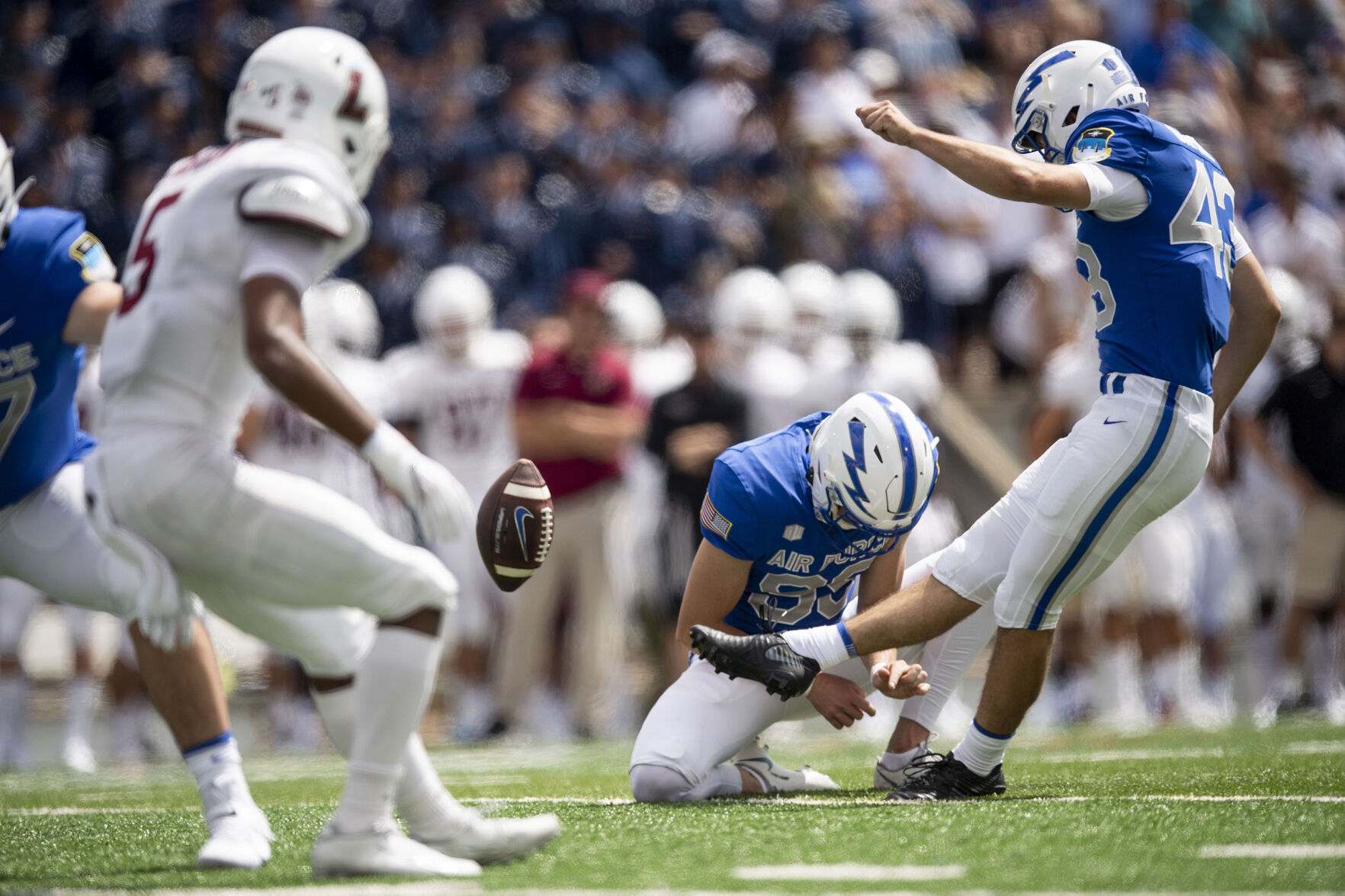 Air Force kicker Matthew Dapore (43) kicks a successful field goal during the Air Force Falcons home football game against the Lafayette Leopards at Falcon Stadium at the United States Air Force Academy in Colorado Springs, Colo. on Sept. 4, 2021. The Air Force Falcons won the game against the Lafayette Leopards by a score of 35-14. (Chancey Bush/ The Gazette) (Chancey Bush/ The Gazette)