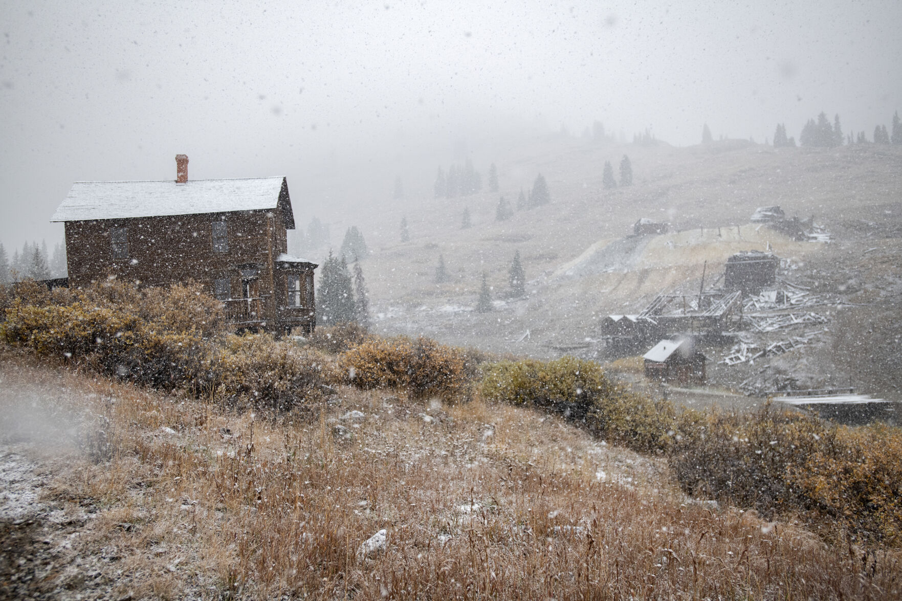 Snow falls on the ghost town of Animas Forks at 11,00-feet in the San Juan Mountains Wednesday, Sept. 29, 2021. The town was founded in the 1870s. (The Gazette, Christian Murdock) (Christian Murdock/The Gazette)