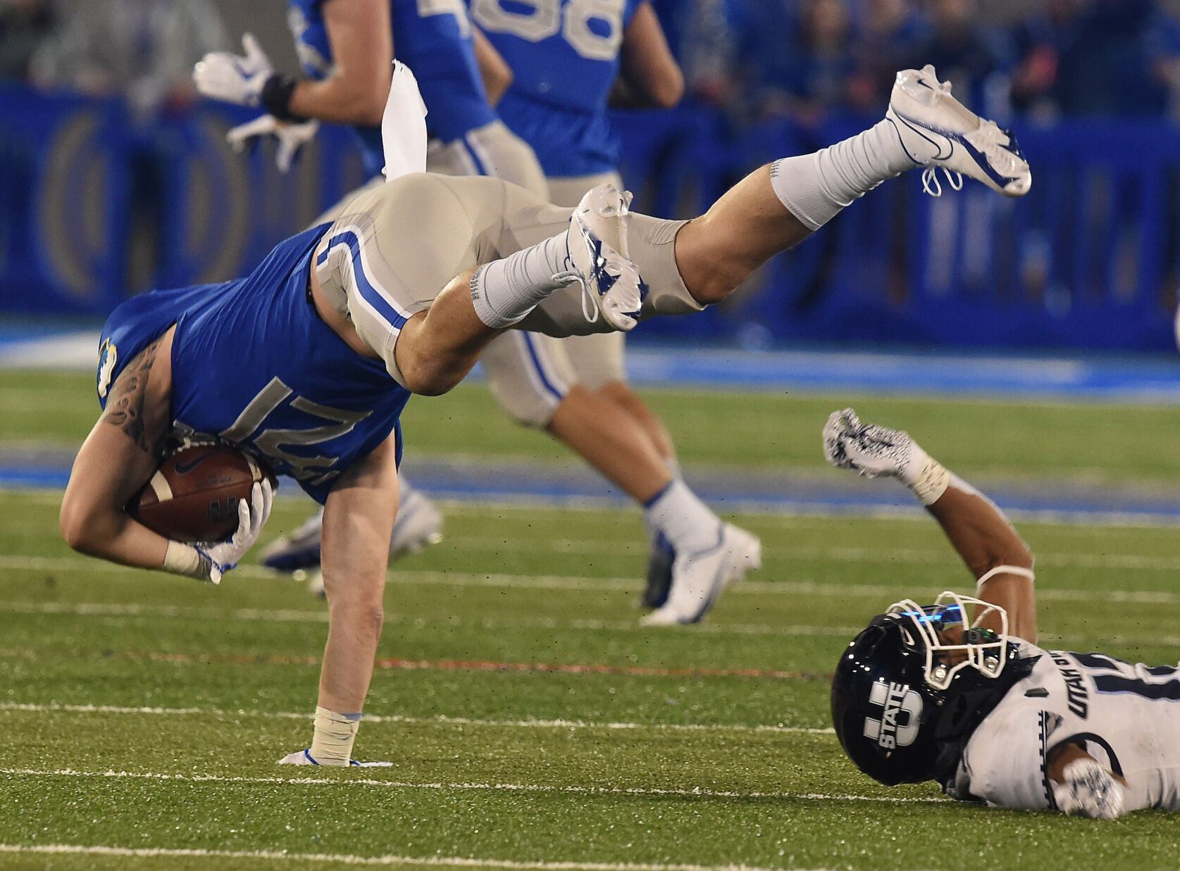 Air Force safety Corvan Taylor gets a interception during the third quarterr of a game at Falcon Stadium in Colorado Springs, Colorado on Saturday, Sept. 18, 2021. But Air Force was not able to capitalize on the turnover and went 3 and out. Air Force lost the heartbreaker 49-45. (Photo by Jerilee Bennett, The Gazette) (JERILEE BENNETT, THE GAZETTE)