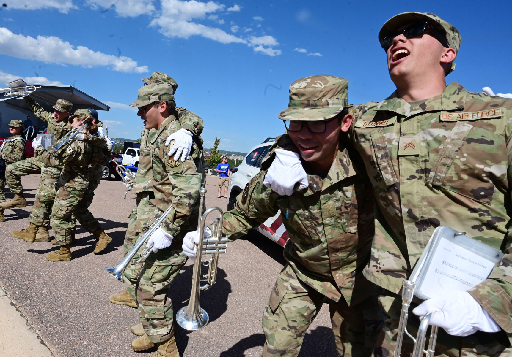At a pep rally outside the stadium, cadets welcome the Air Force football team, cheerleaders and band to the game against Utah State on Saturday, Sept. 18, 2021. (Photo by Jerilee Bennett, The Gazette) (Jerilee Bennett)