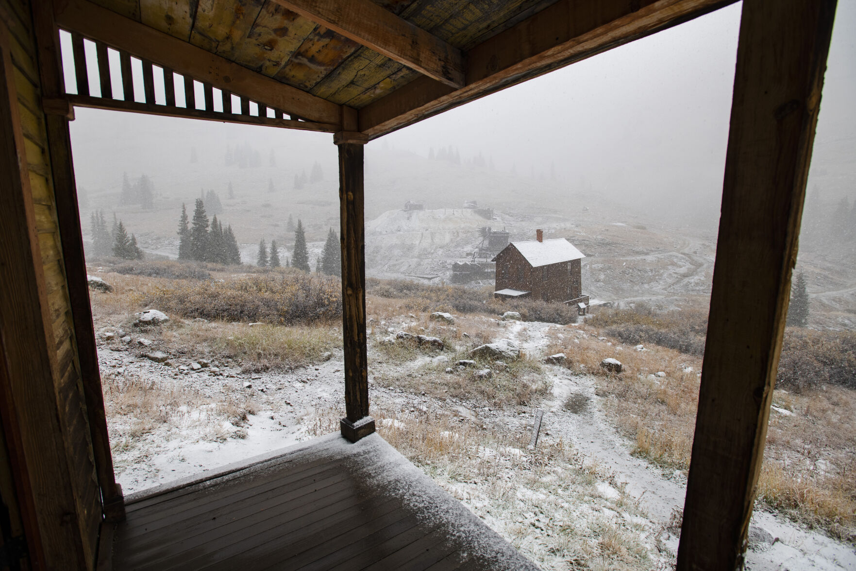 Snow falls on the ghost town of Animas Forks at 11,00-feet in the San Juan Mountains Wednesday, Sept. 29, 2021. The town was founded in the 1870s. (The Gazette, Christian Murdock) (Christian Murdock/The Gazette)