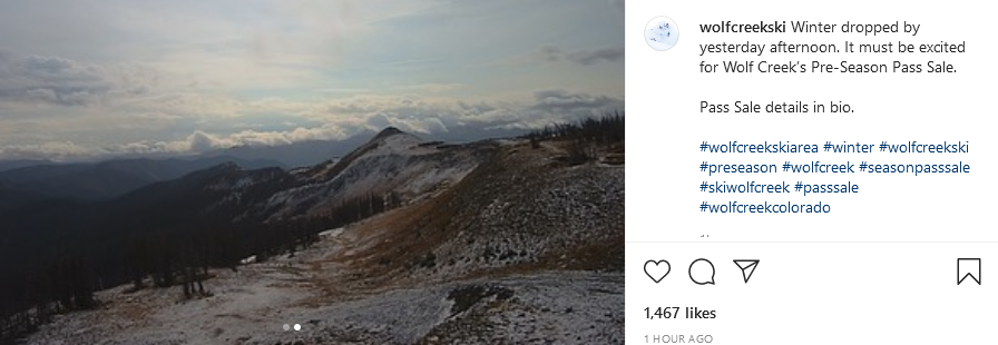 Wolf Creek staff posted on Instagram that they'd seen a dusting the afternoon of Thursday, Sept. 29. (Photo courtesy of Wolf Creek Ski Area)