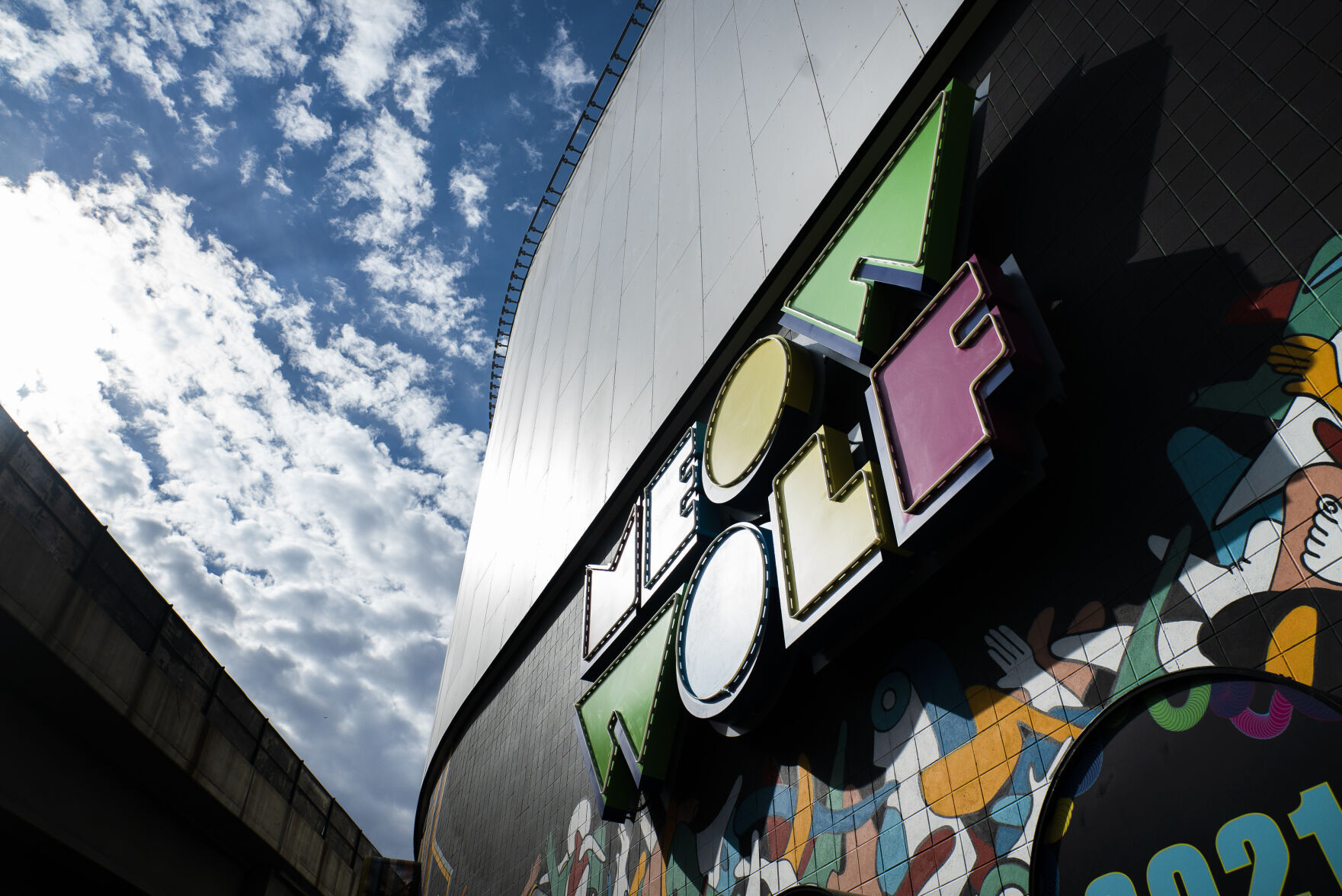 A large mural adorns the wall outside the main entrance during a media tour of Meow Wolf Convergence Station on Tuesday, September 14, 2021 in Downtown Denver. Convergence Station opens to the public on September 17. The newest addition to world of Meow Wolf features over 115 Colorado-based artists. (Photo by Katie Klann/Denver Gazette) (Katie Klann The Gazette)