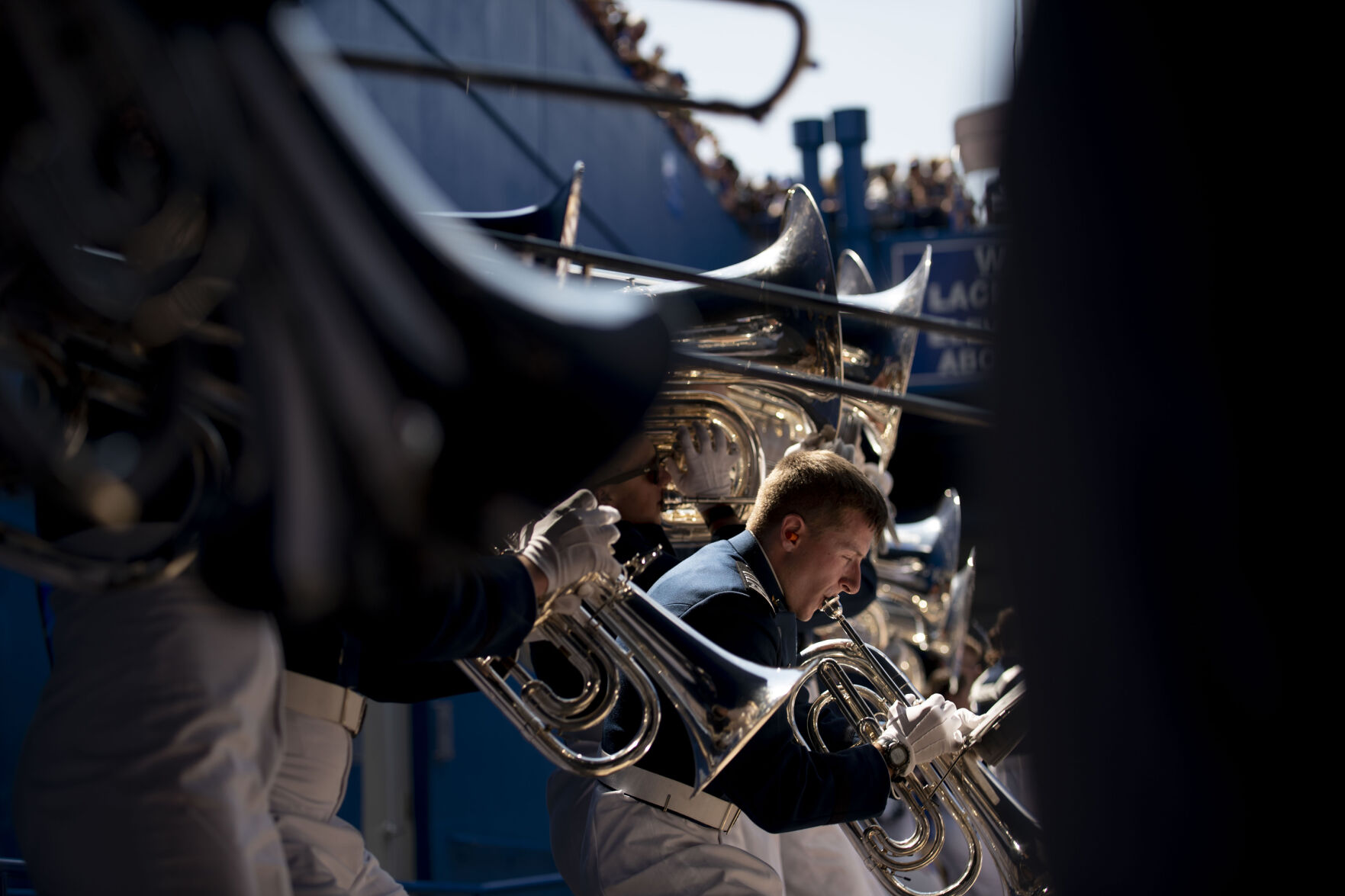The United States Air Force Academy Drum and Bugle Corps, known as the Flight of Sound, perform before the star of the Air Force Falcons home football game against the Lafayette Leopards at Falcon Stadium at the United States Air Force Academy in Colorado Springs, Colo. on Sept. 4, 2021. The Air Force Falcons won the game against the Lafayette Leopards by a score of 35-14. (Chancey Bush/ The Gazette) (Chancey Bush/ The Gazette)
