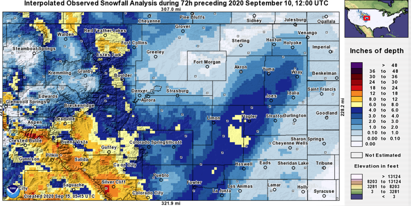 Storm total snowfall for September 10th, 2020 in Northeast Colorado. Courtesy of the NWS.