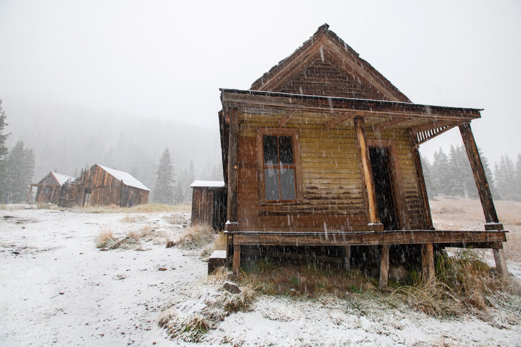 Snow falls on the ghost town of Animas Forks at 11,00-feet in the San Juan Mountains Wednesday, Sept. 29, 2021. The town was founded in the 1870s. (The Gazette, Christian Murdock) (Christian Murdock/The Gazette)
