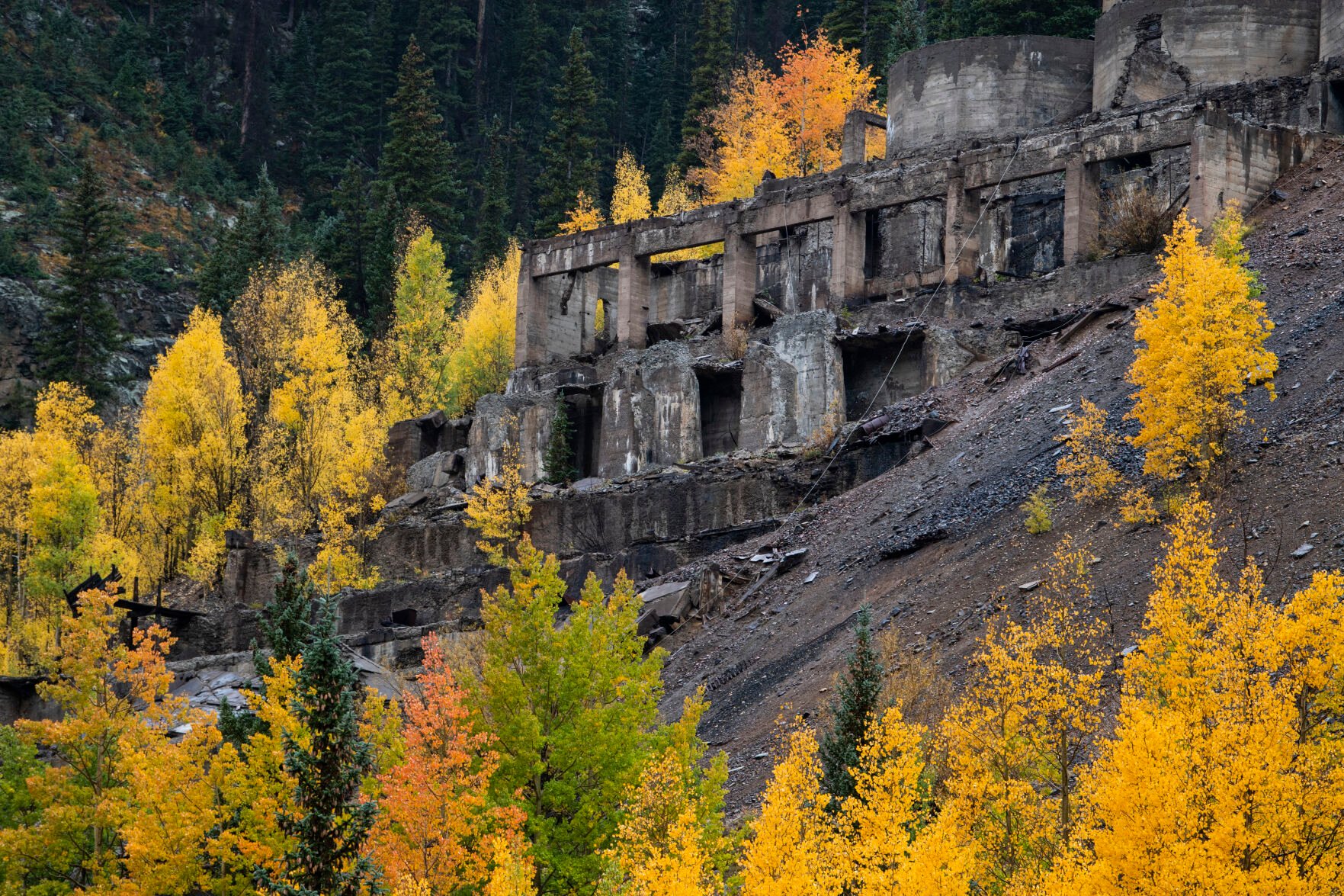 The turning aspens frame an old ore mill in the ghost town Eureka outside Silverton, Colo., Wednesday, Sept. 29, 2021. (The Gazette, Christian Murdock) (Christian Murdock/The Gazette)