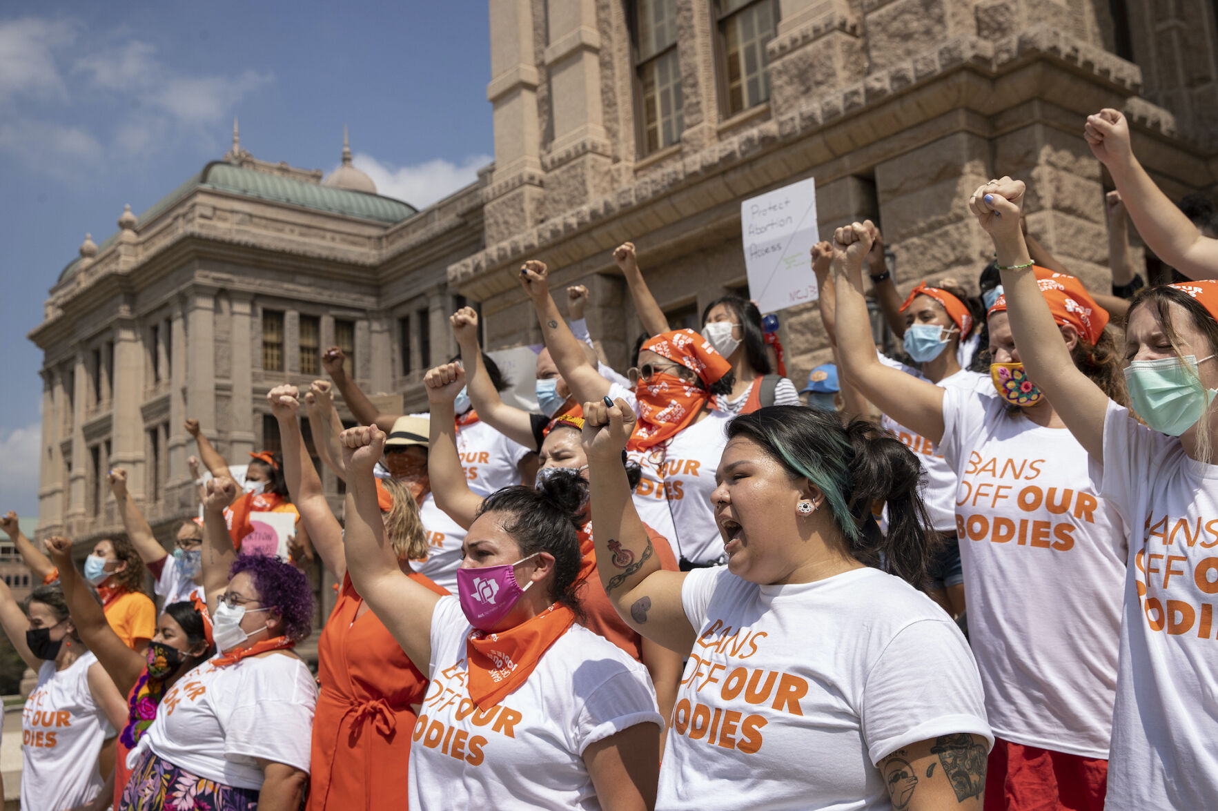 Women protest against the six-week abortion ban at the Capitol in Austin, Texas, on Wednesday, Sept. 1, 2021. The law restricting the procedure went into effect Wednesday after the U.S. Supreme Court declined to rule on an emergency appeal to put the law on hold. ((Jay Janner/Austin American-Statesman via AP))