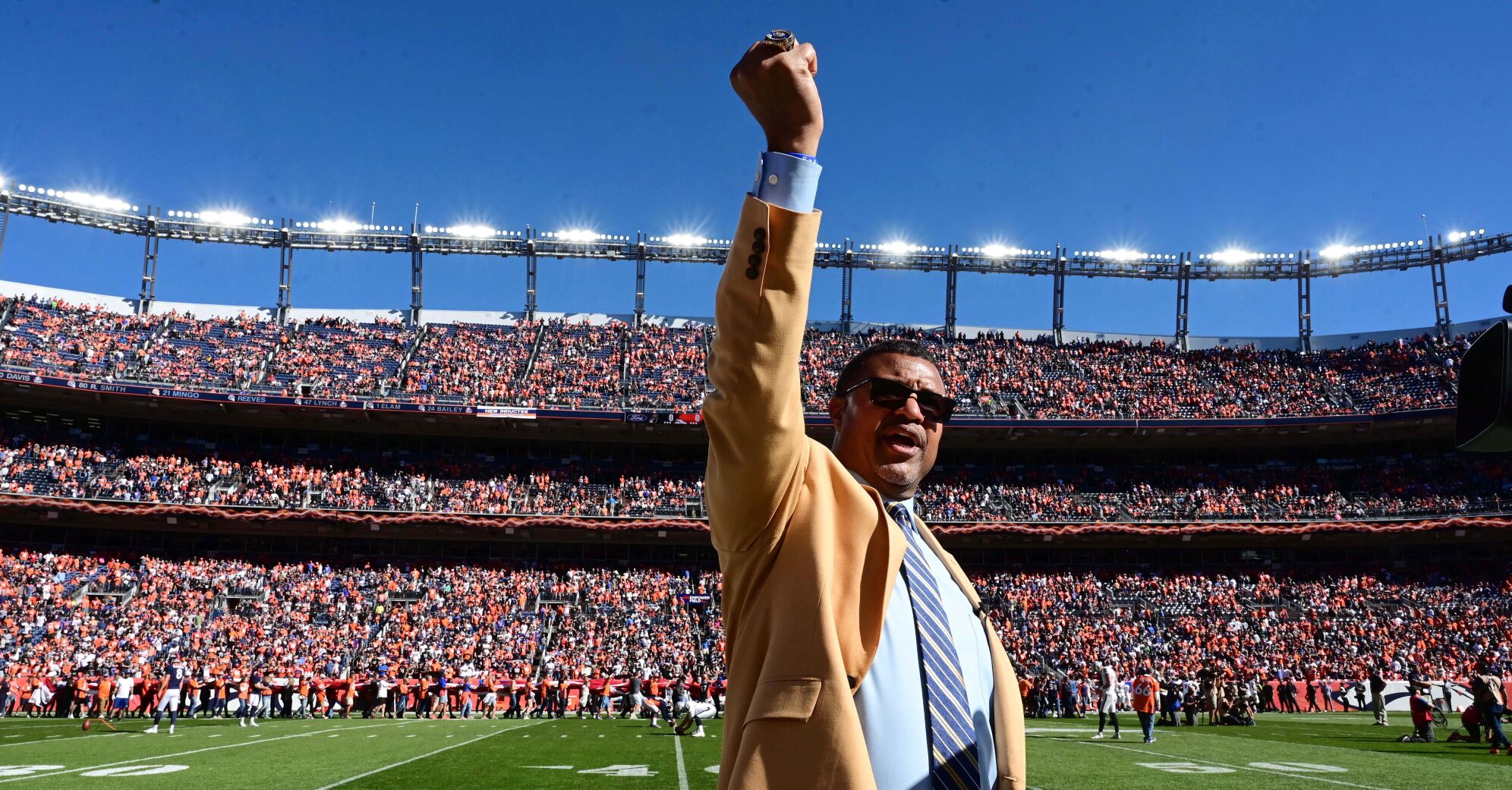 Many Broncos greats were in the house for Sunday’s game against the Raiders. Former Broncos safety Steve Atwater was inducted into the NFL Hall of Fame recently. He was honored during a pregame ceremony and afterward showed his Hall of Fame ring to the crowd on Sunday, Oct. 17, 2021. Atwater was a two-time Super Bowl winner and an eight time Pro Bowl choice. Unfortunately the game wasn’t as uplifting as the ceremonies. The Broncos were defeated 34-24. (Photo by Jerilee Bennett, The Gazette)