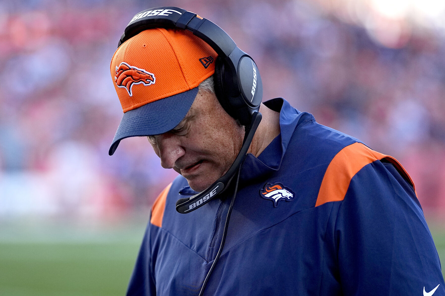 Denver Broncos head coach Vic Fangio walks the sidelines during the second half of an NFL football game against the Las Vegas Raiders, Sunday, Oct. 17, 2021, in Denver. (Jack Dempsey, Associated Press)