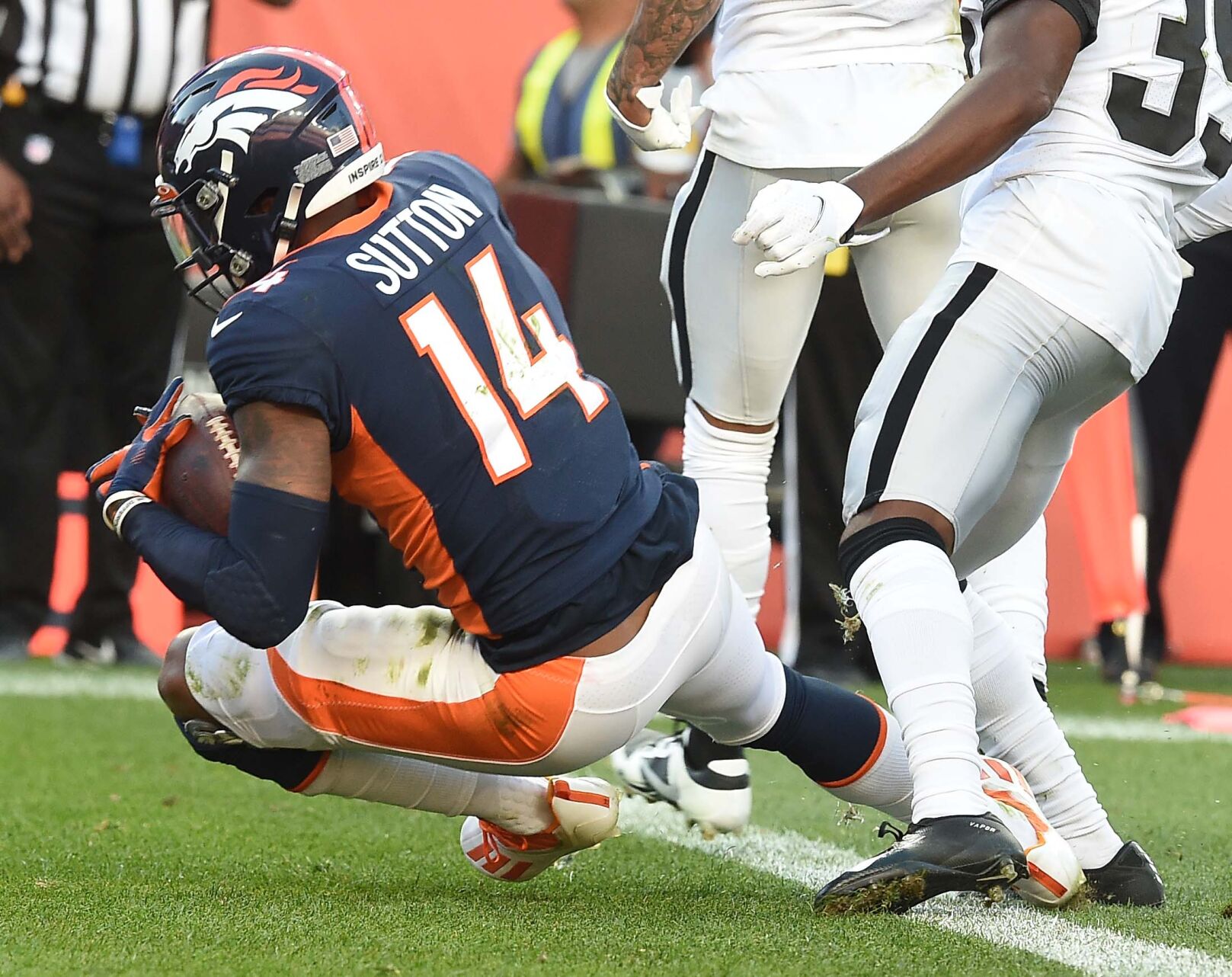 Broncos wide receiver Courtland Sutton scores a touchdown during the fourth quarter at Empower Field at Mile High Stadium on Sunday, Oct. 17, 2021. The Broncos were defeated 34-24. (Photo by Jerilee Bennett, The Gazette)
