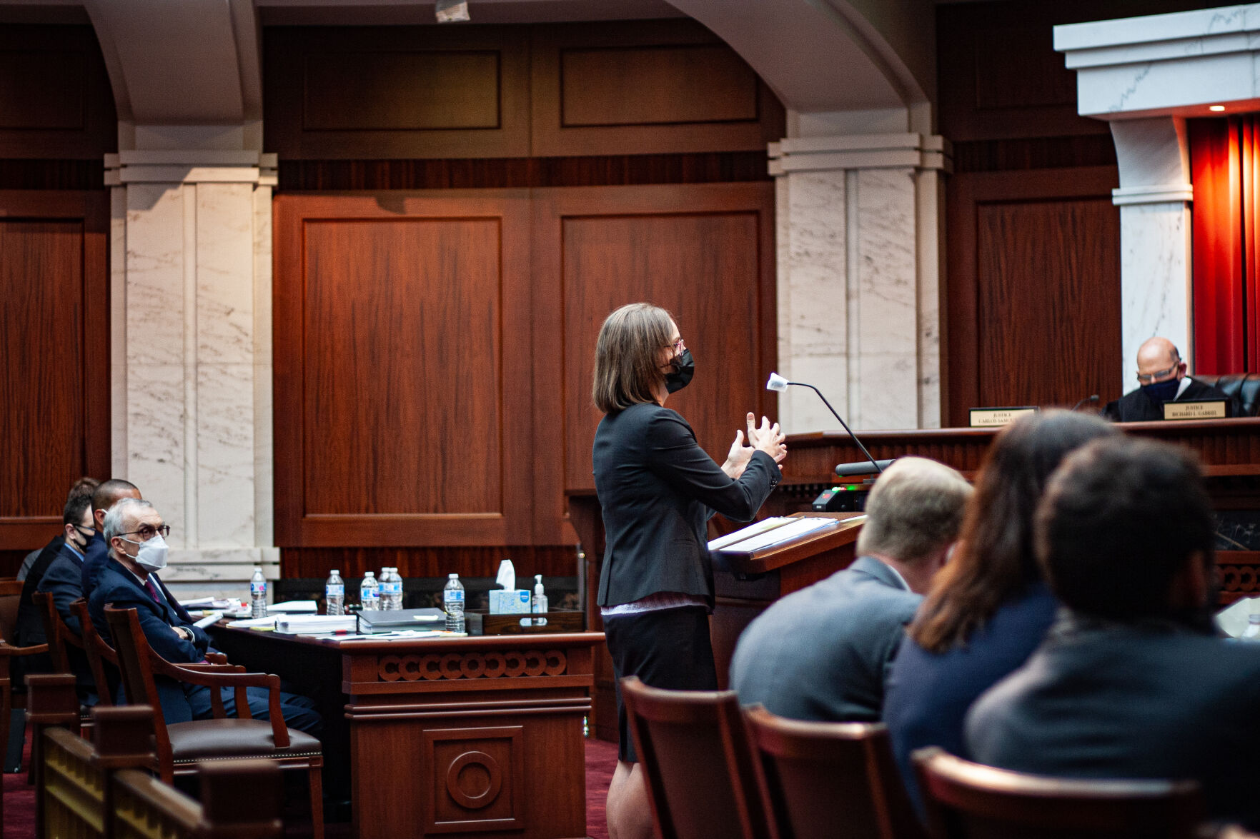 Kendra N. Beckwith, an attorney with the Colorado Latino Leadership, Advocacy & Research Organization, told the state Supreme Court on Tuesday, Oct. 12, 2021 that the state’s congressional redistricting commission failed to follow the state constitution, when it comes to drawing a district plan that empowers Hispanic voters in the state. (Photo by Evan Wyloge/The Colorado Springs Gazette)