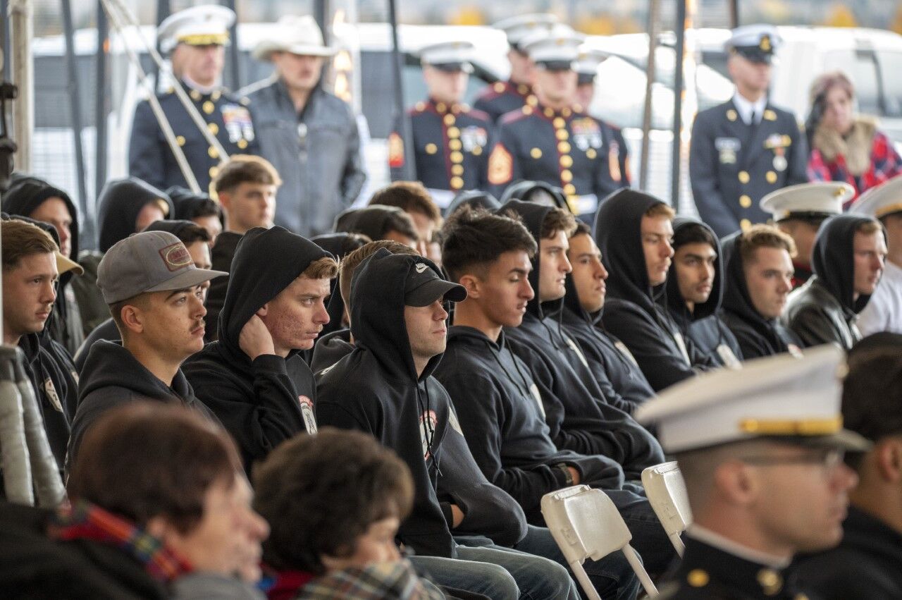 Marines from the Golf Company, Second Battalion, First Marines attend a memorial service for their fallen comrad, Lance Cpl. Rylee McCollum, on Saturday in Jackson, Wyoming. (Bradly J. Boner, Jackson Hole News&Guide)