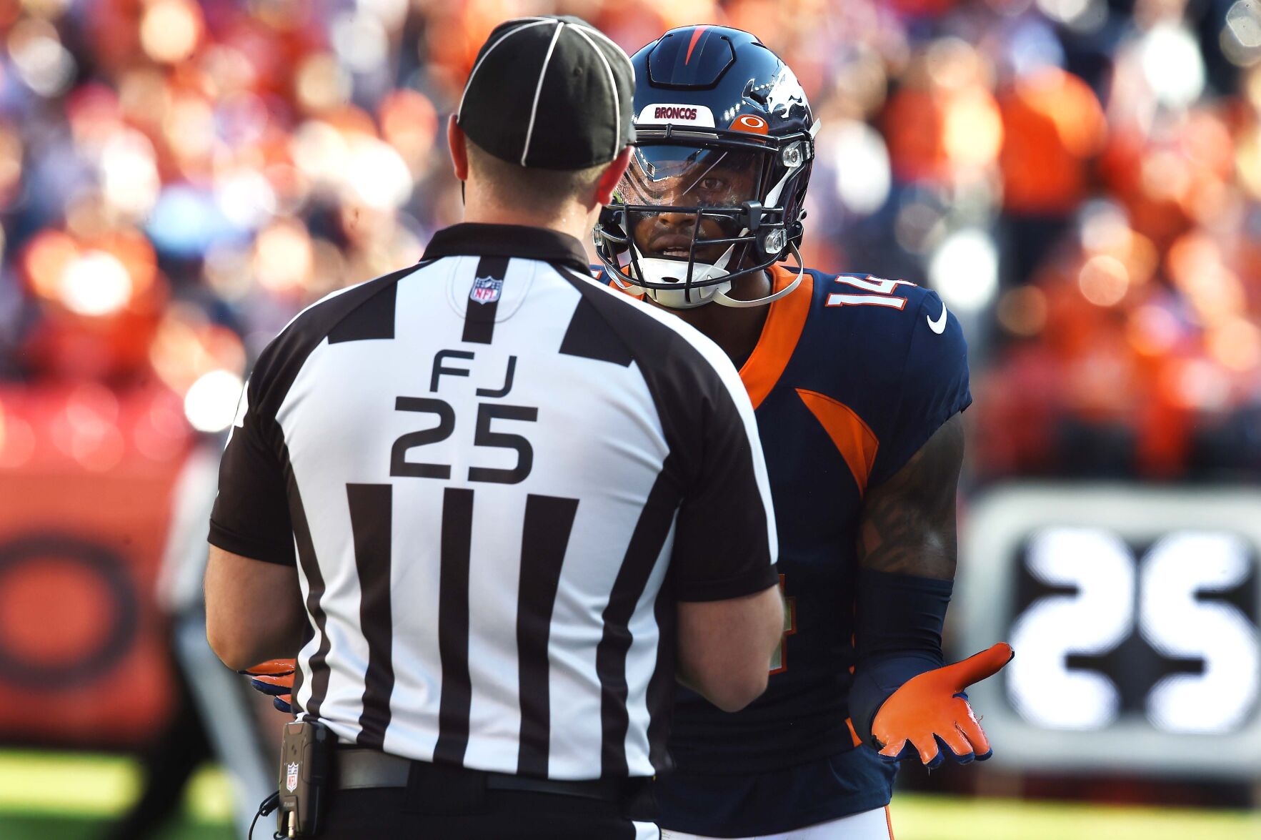 Broncos wide receiver Courtland Sutton argues with an official about a offensive pass interferance call. The Broncos lost to the Raiders 34-24 on Sunday, Oct. 17, 2021 at Empower Field at Mile High Stadium. (Photo by Jerilee Bennett, The Gazette) (Jerilee Bennett)