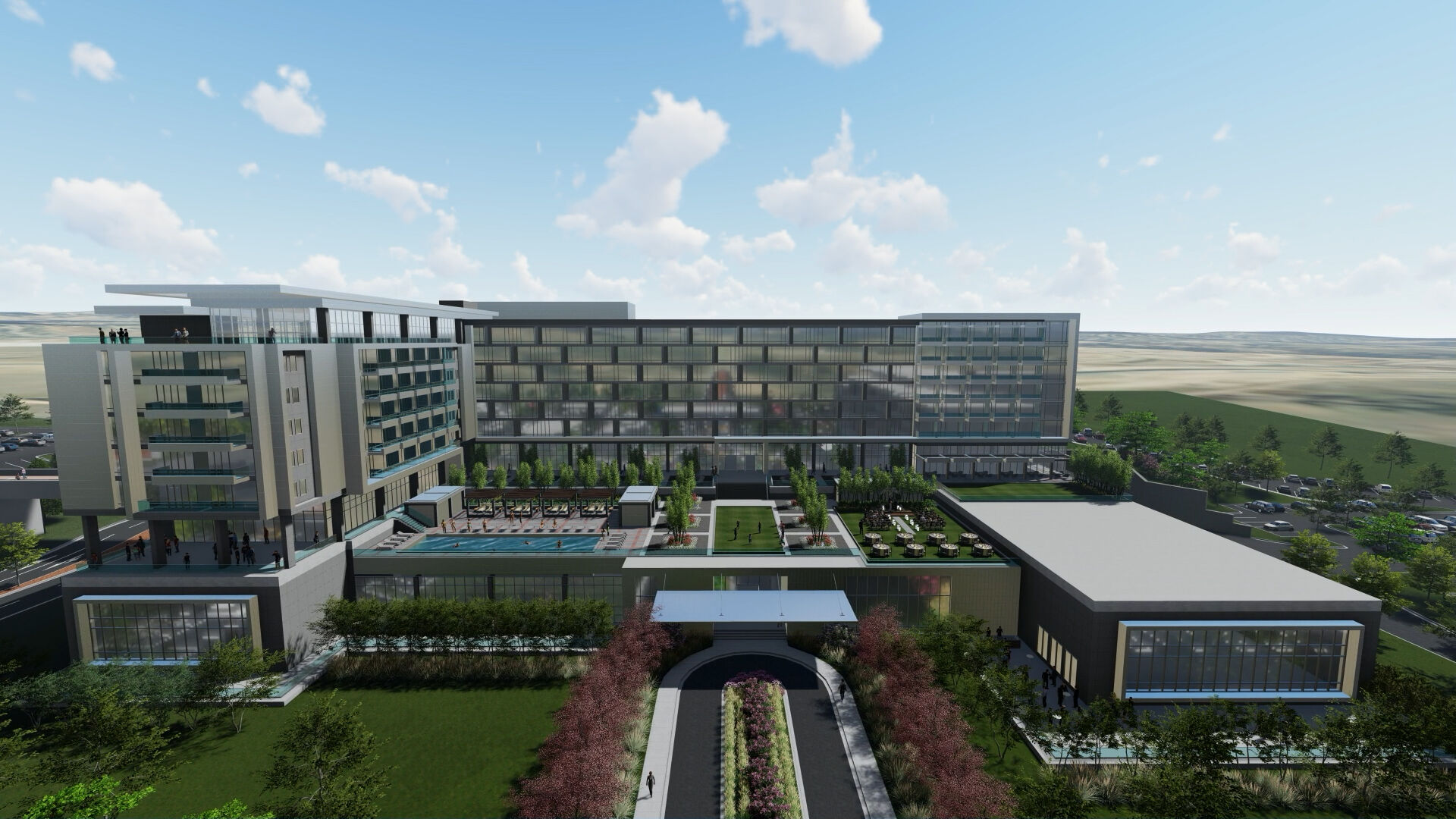 A rendering of the planned hotel and conference center planned that will be built near the new Air Force Academy Visitor Center. The hotel and conference center is expected to open in 2024. (Courtesy of Silver and Blue Development)