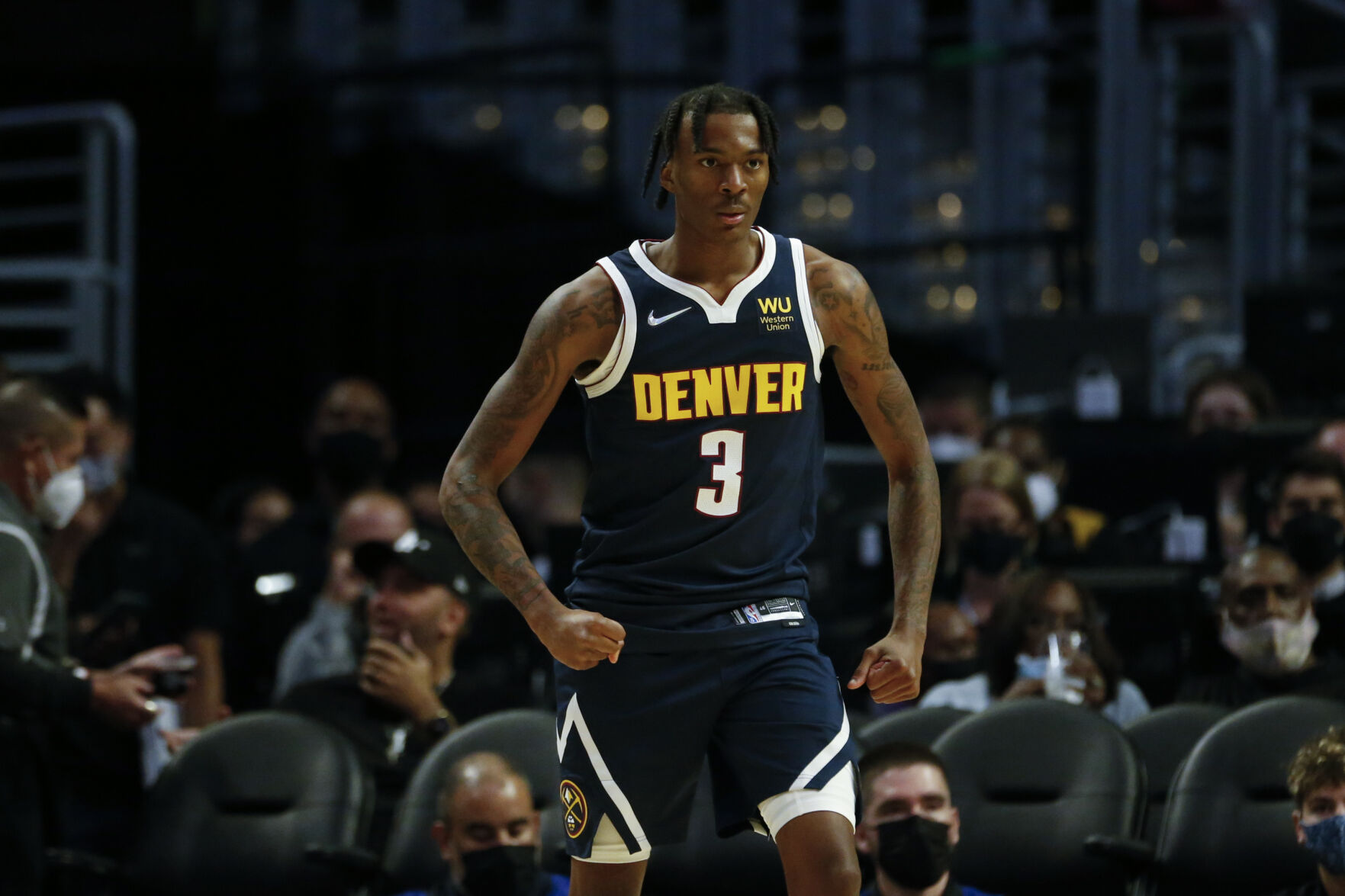 Denver Nuggets guard Nah'Shon Hyland (3) reacts during the second half of a preseason NBA basketball game, Monday, Oct. 4, 2021, in Los Angeles. The Clippers won 103-102. (AP Photo/Ringo H.W. Chiu) (Ringo H.W. Chiu)