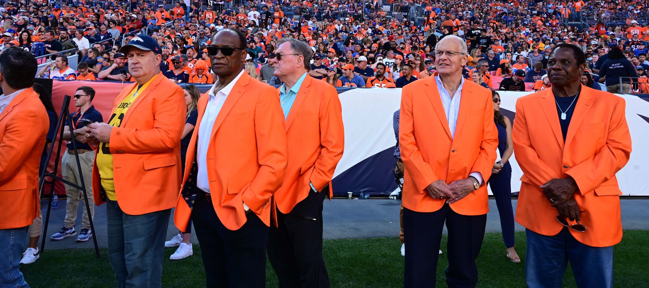 Many Broncos greats were on hand for the ceremony of Coach Mike Shanahan. The Broncos lost to the Raiders 34-24 on Sunday, Oct. 17, 2021 at Empower Field at Mile High Stadium. (Photo by Jerilee Bennett, The Gazette) (Jerilee Bennett)