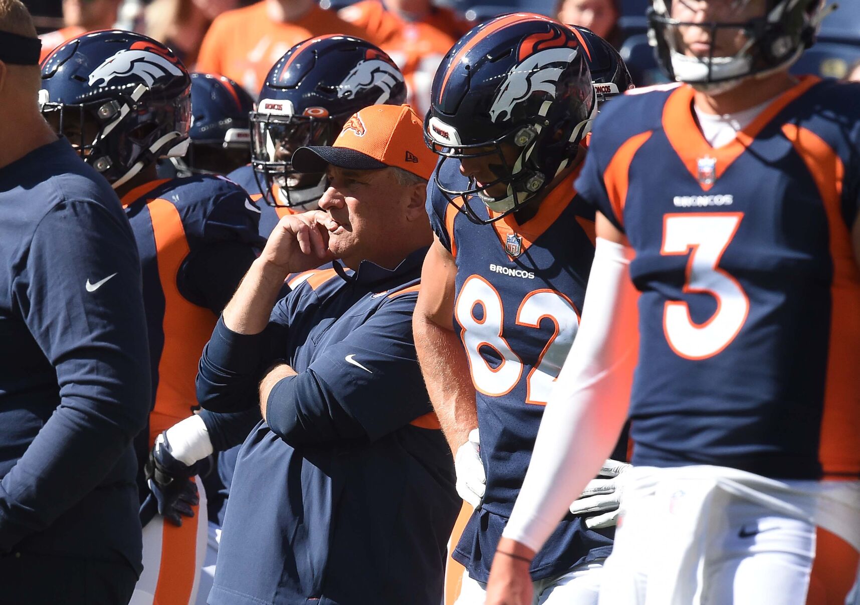 Broncos Head Coach Vic Fangio gets a little fingernail biting done during warmups before the game against the Raiders. (Photo by Jerilee Bennett, The Gazette)