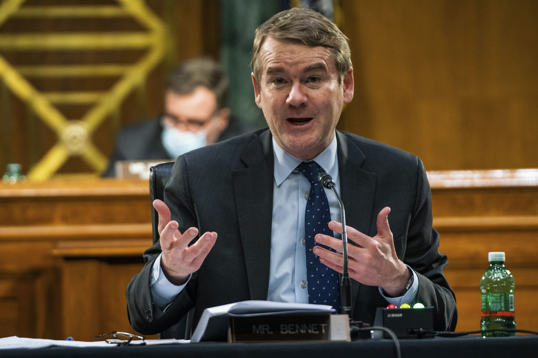 In this file photo, U.S. Sen. Michael Bennet, D-Colo., speaks during a Senate Intelligence Committee hearing on Capitol Hill on Feb. 23, 2021, in Washington. ((Demetrius Freeman/The Washington Post via AP, Pool, file))
