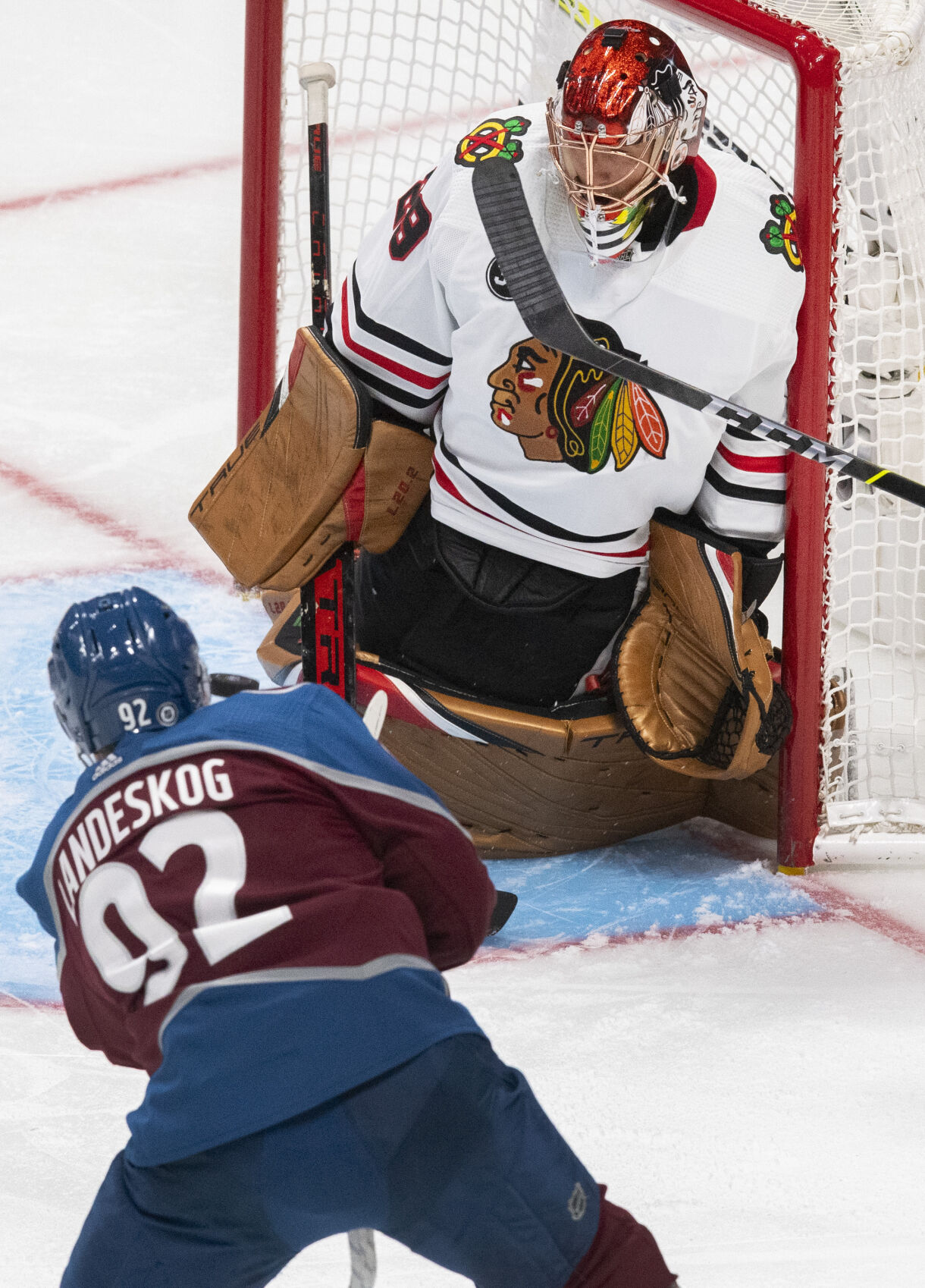 Chicago Blackhawks goaltender Marc-Andre Fleury (29) makes a save on a shot by Colorado Avalanche left wing Gabriel Landeskog (92) during the second period Wednesday, Oct. 13, 2021, at the Ball Arena in Denver. (The Gazette, Christian Murdock) (Christian Murdock/The Gazette)