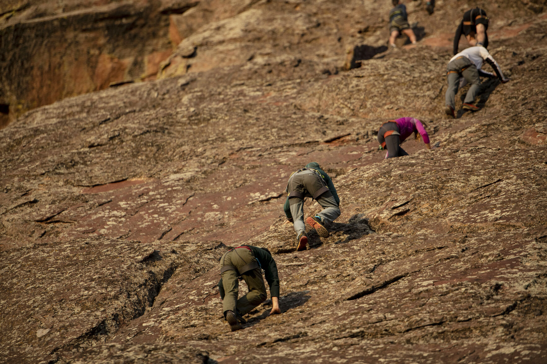 The Satan’s Minions Scrambling Club scale slabs of rock near the Flatirons of Boulder, Colo. on Oct. 12, 2021. Bill Wright started the group in the 1990’s. (Chancey Bush / The Gazette) (Chancey Bush/ The Gazette)