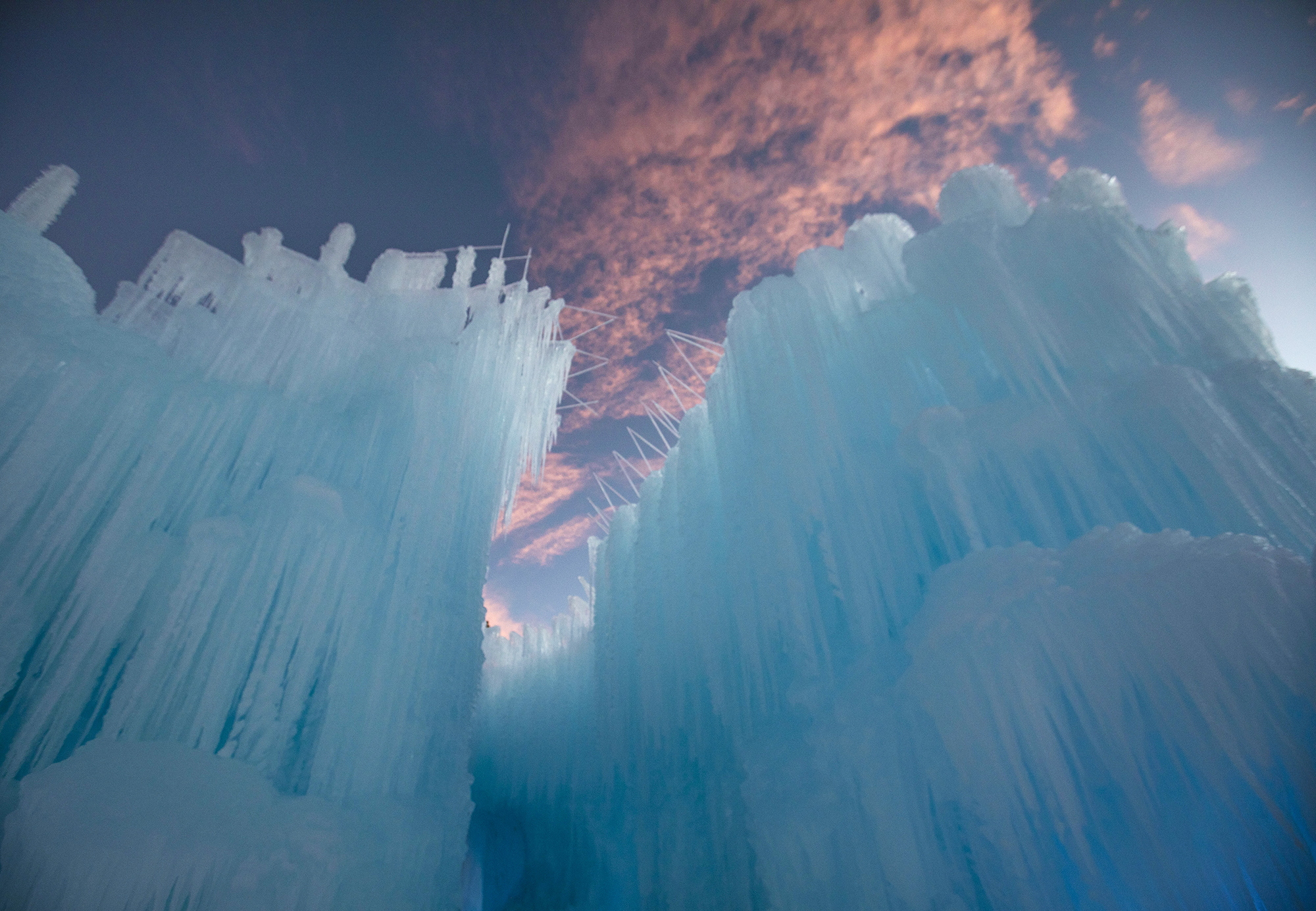The Dillon Ice Castles are taking shape in Dillon, Colo., on Wednesday, Dec. 9, 2020. Ice artisans spend around six weeks placing up to 10,000 icicles each day to create the life-size winter fairytale built entirely from ice.The Ice Castles return for the fourth year with limited capacity due to the COVID-19 pandemic. The Ice Castles are expected to open around Christmas. (Chancey Bush/ The Gazette) (Chancey Bush/ The Gazette)