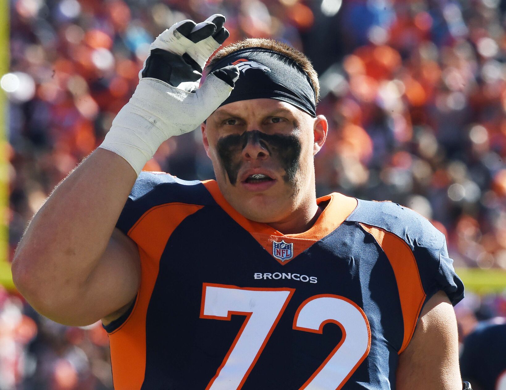 Broncos tackle Garrett Boles gets ready for the game against the Raiders. The Broncos lost to the Raiders 34-24 on Sunday, Oct. 17, 2021 at Empower Field at Mile High Stadium. (Photo by Jerilee Bennett, The Gazette) (Jerilee Bennett)